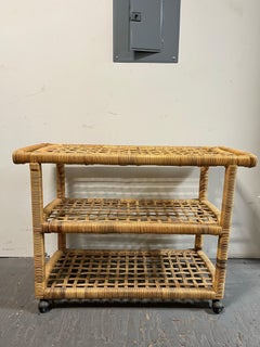 Vintage Ficks Reed Style Three-Tier Rattan Bar Cart Serving Trolley