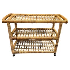 Vintage Ficks Reed Style Three-Tier Rattan Bar Cart Serving Trolley