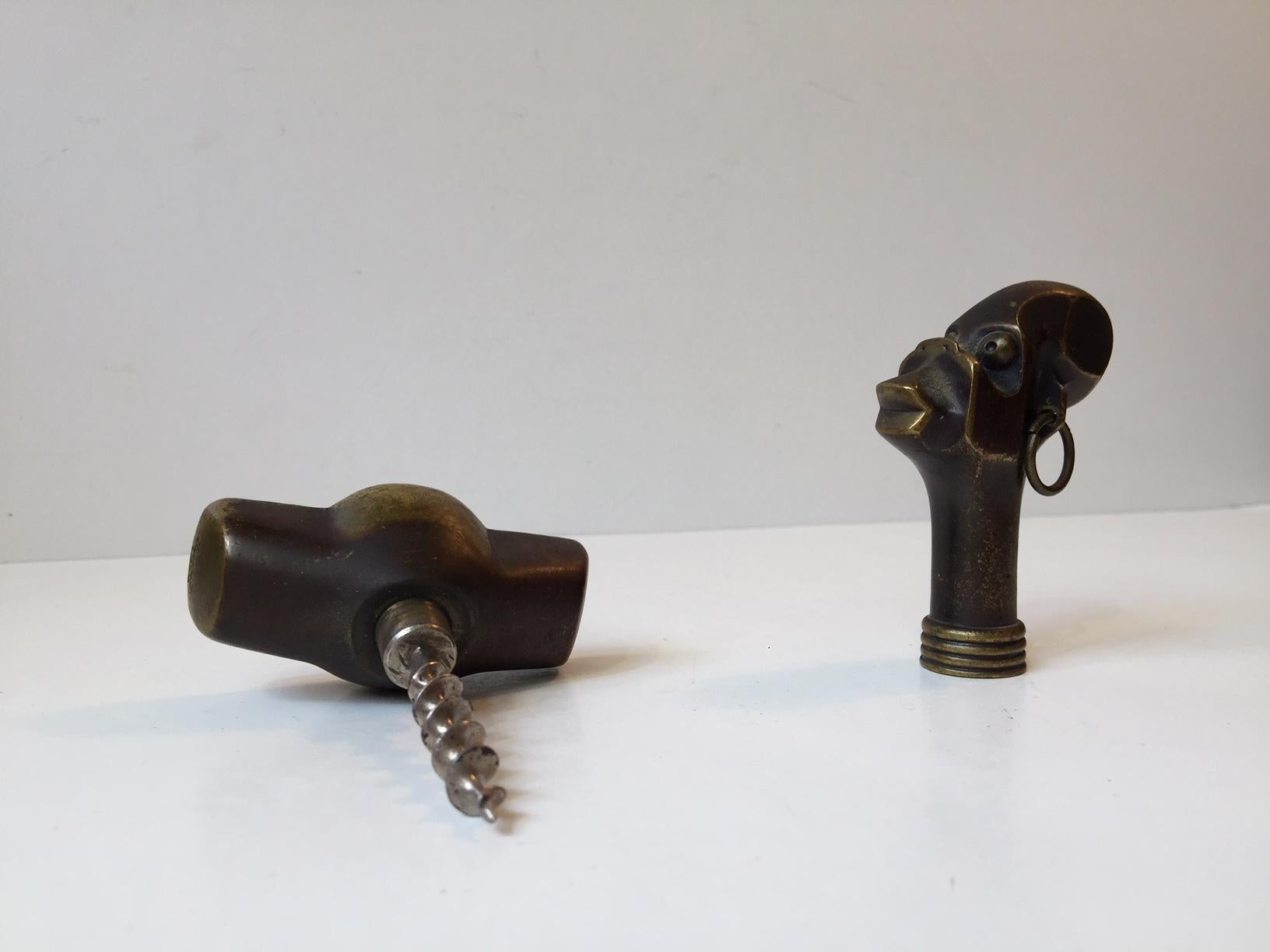Mid-Century Modern Vintage Figural Bronze Bottle Opener and Corkscrew from Barberto Lisboa, 1970s