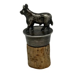 Vintage Figural Bull Cow Metal Wine Decanter Bottle Stopper & Cork, German