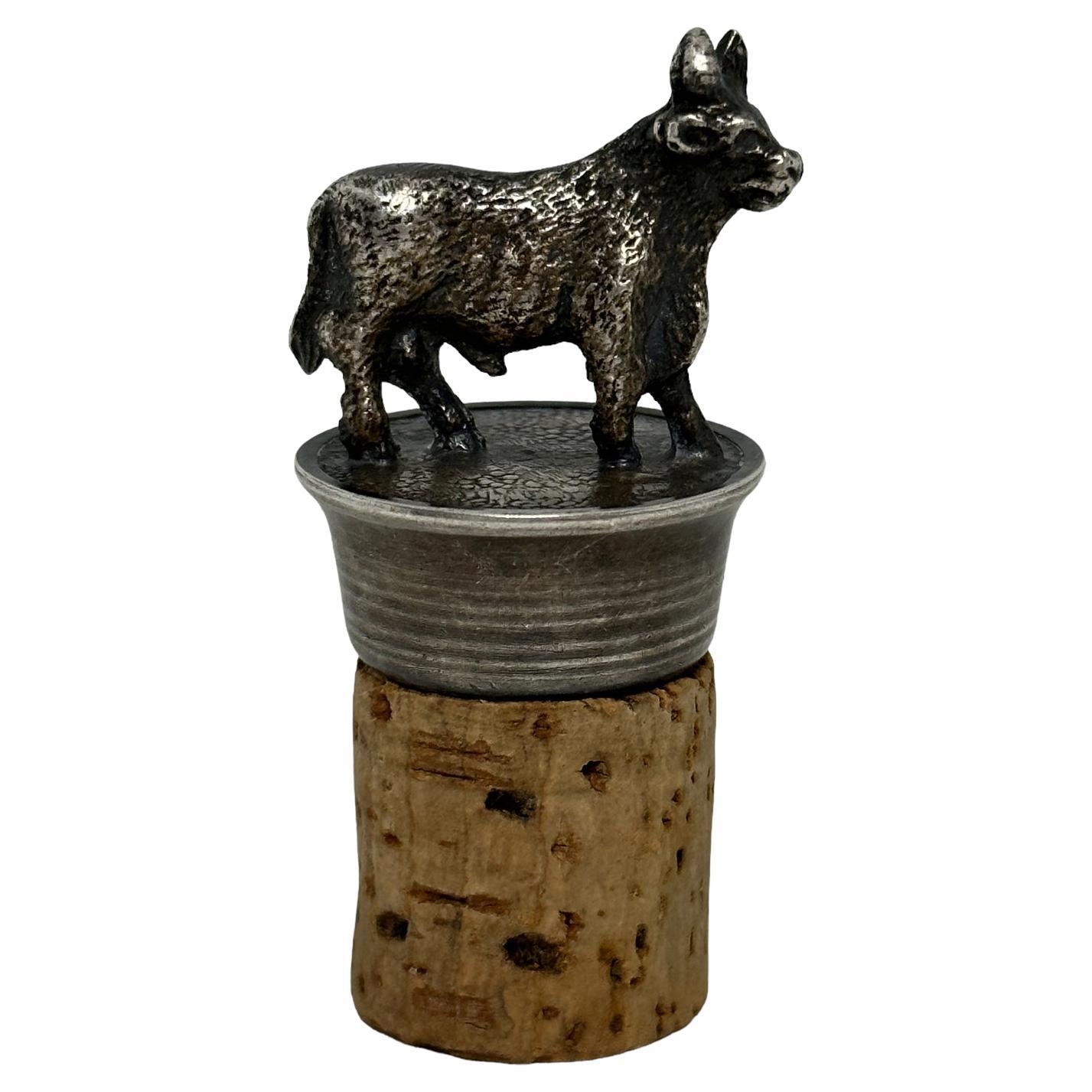 Vintage Figural Bull Cow Metal Wine Decanter Bottle Stopper & Cork, German For Sale