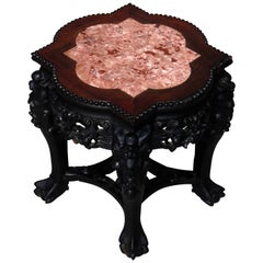 Vintage Figural Carved Hardwood 
Inset Marble Chinese Side Stand, 20th Century