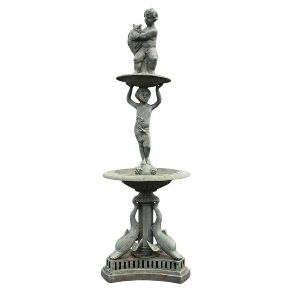 Vintage Figural Cherub & Dolphon Cast Iron Garden Fountain Mid 20thC For Sale