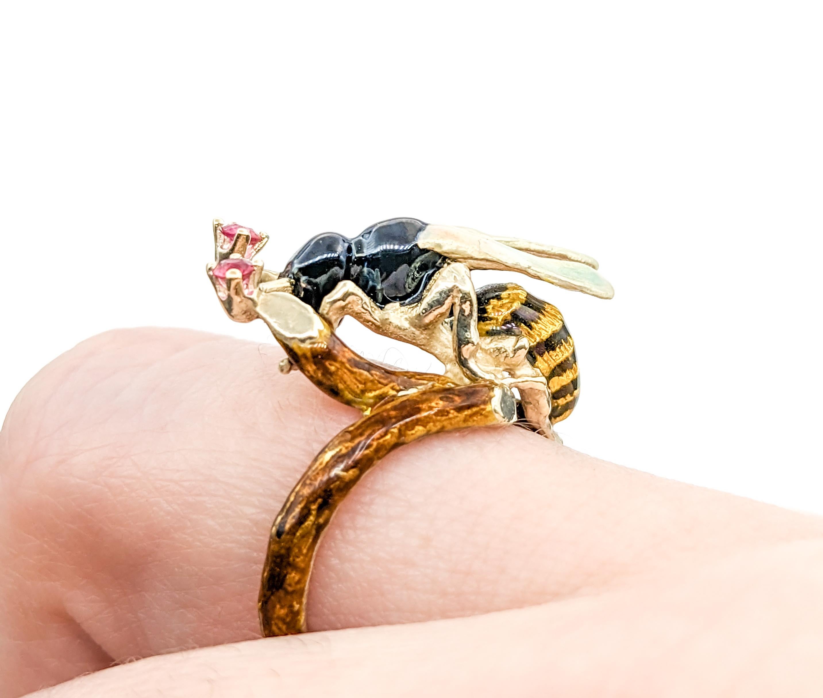 Vintage Figural Enamel Wasp Insect Ring with Rubies In Yellow Gold 3