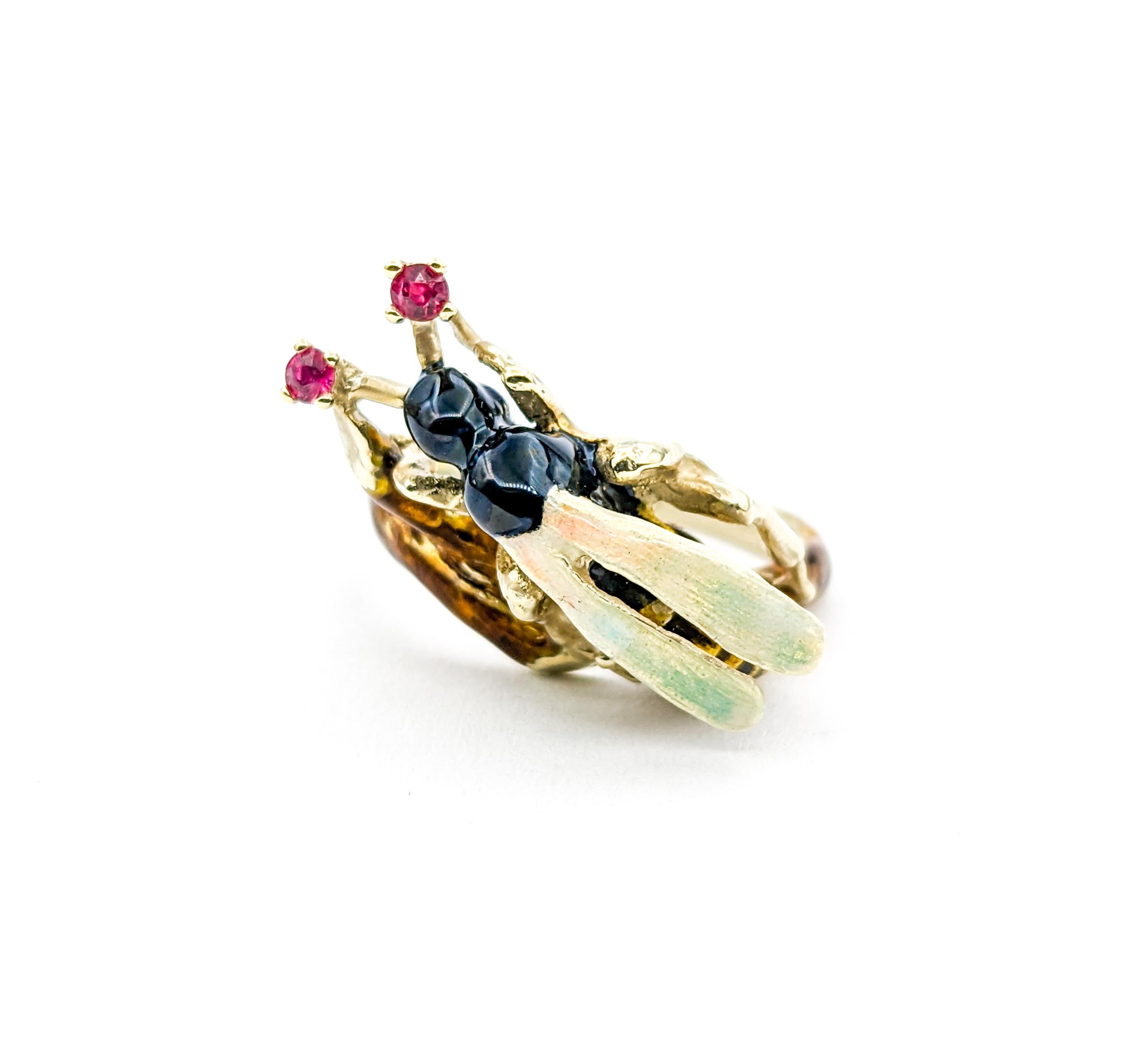 Modern Vintage Figural Enamel Wasp Insect Ring with Rubies In Yellow Gold