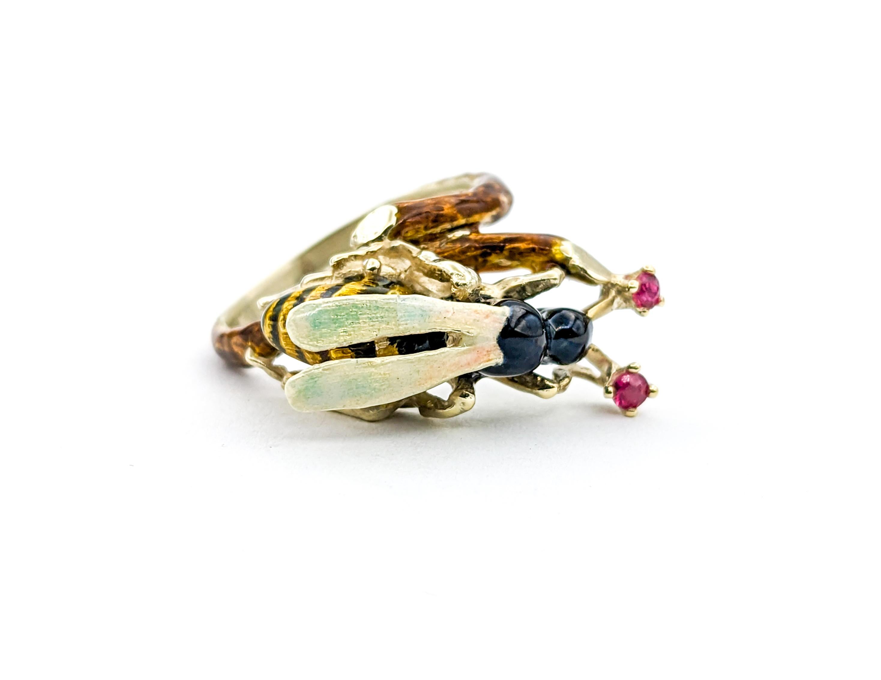 Vintage Figural Enamel Wasp Insect Ring with Rubies In Yellow Gold 1