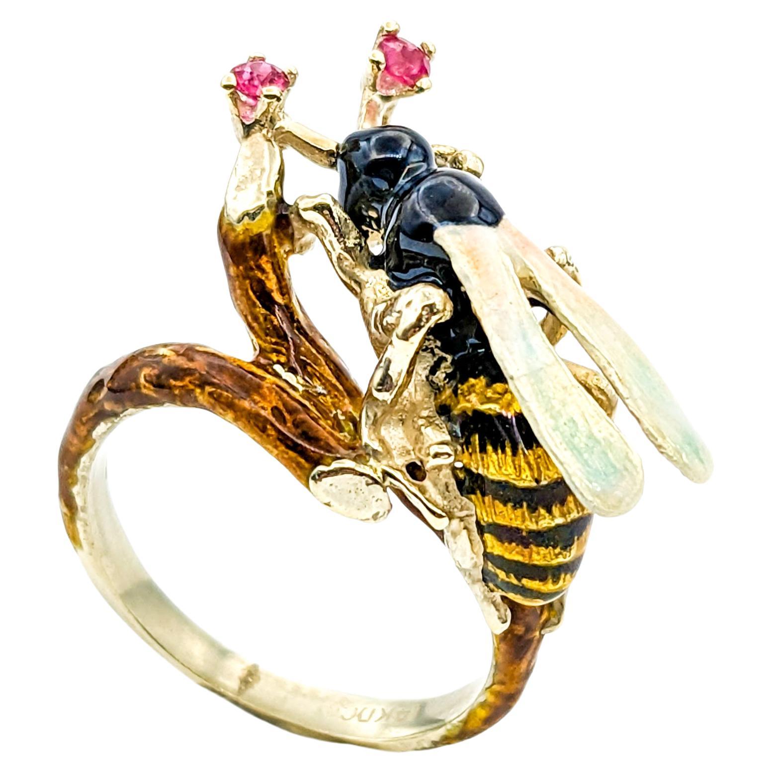 Vintage Figural Enamel Wasp Insect Ring with Rubies In Yellow Gold
