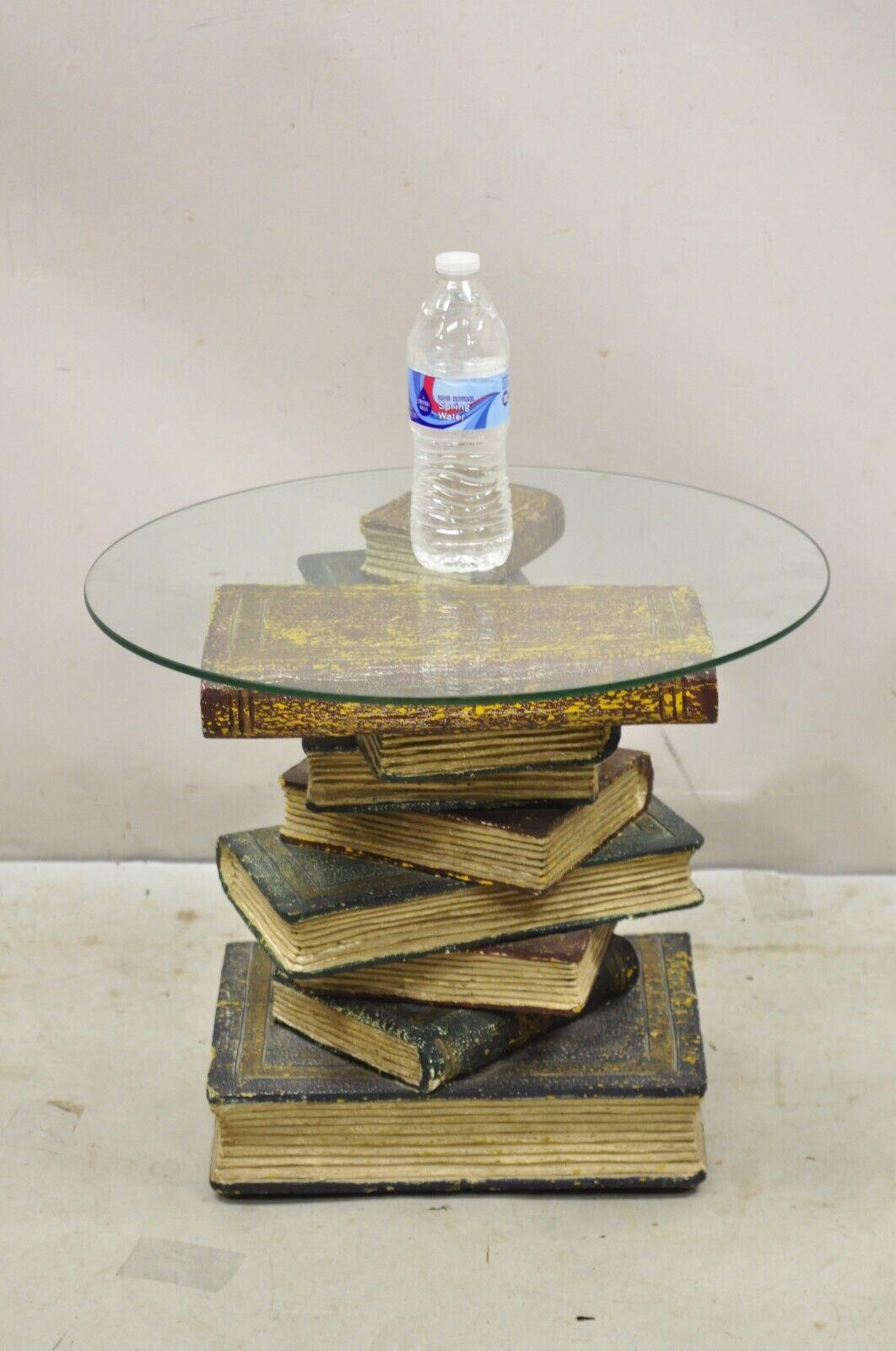 Vintage Figural Faux Book Form Stacked Round Glass Top Side Table For Sale 3