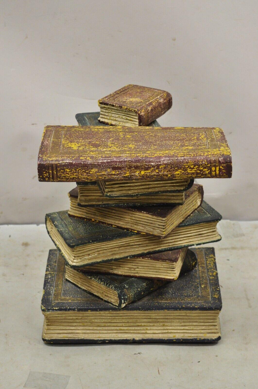 Vintage Figural Faux Book Form Stacked Round Glass Top Side Table For Sale 4