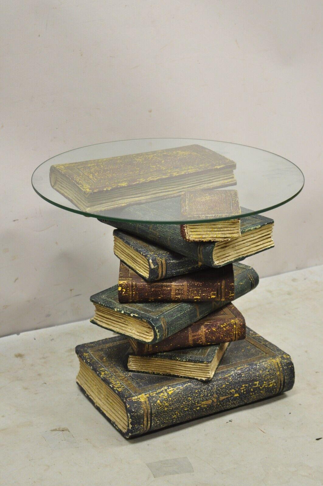 Vintage Figural Faux Book Form Stacked Round Glass Top Side Table. item features an attractive 