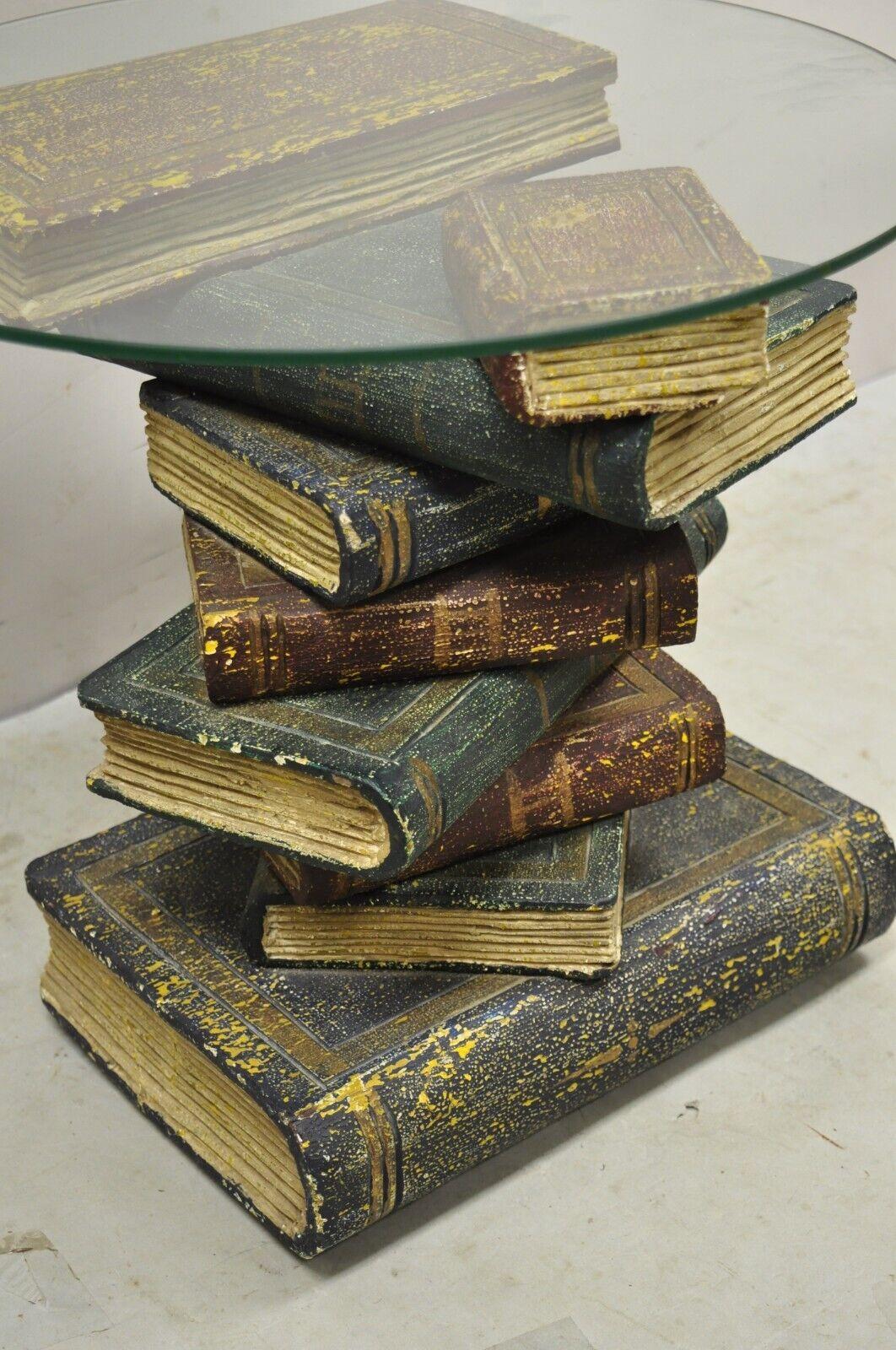 20th Century Vintage Figural Faux Book Form Stacked Round Glass Top Side Table For Sale
