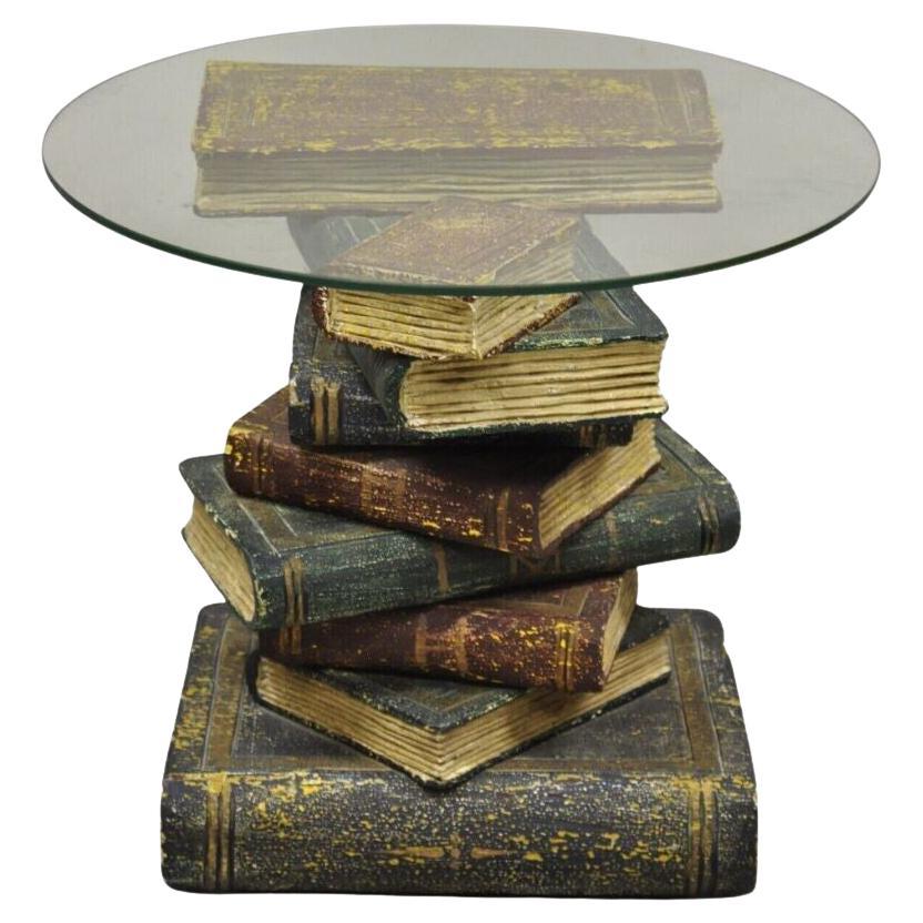 Vintage Figural Faux Book Form Stacked Round Glass Top Side Table For Sale