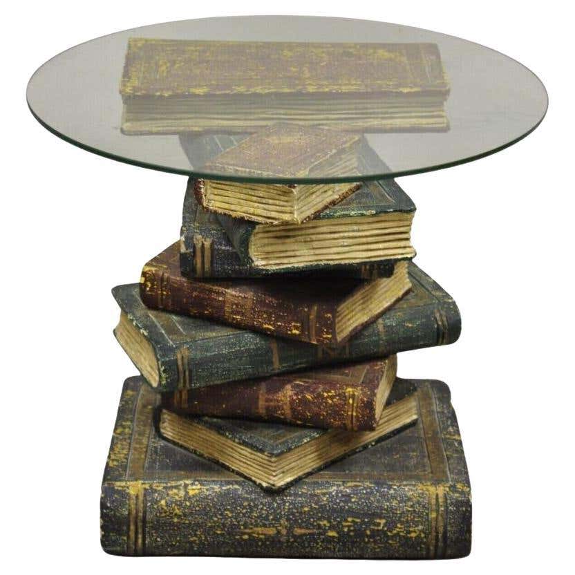 Vintage Figural Faux Book Form Stacked Round Glass Top Side Table For ...
