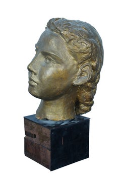 Vintage Figural Gold Painted Female Plaster Sculpture Statue Bust Head 16" (Sculpture en plâtre féminine peinte à l'or)