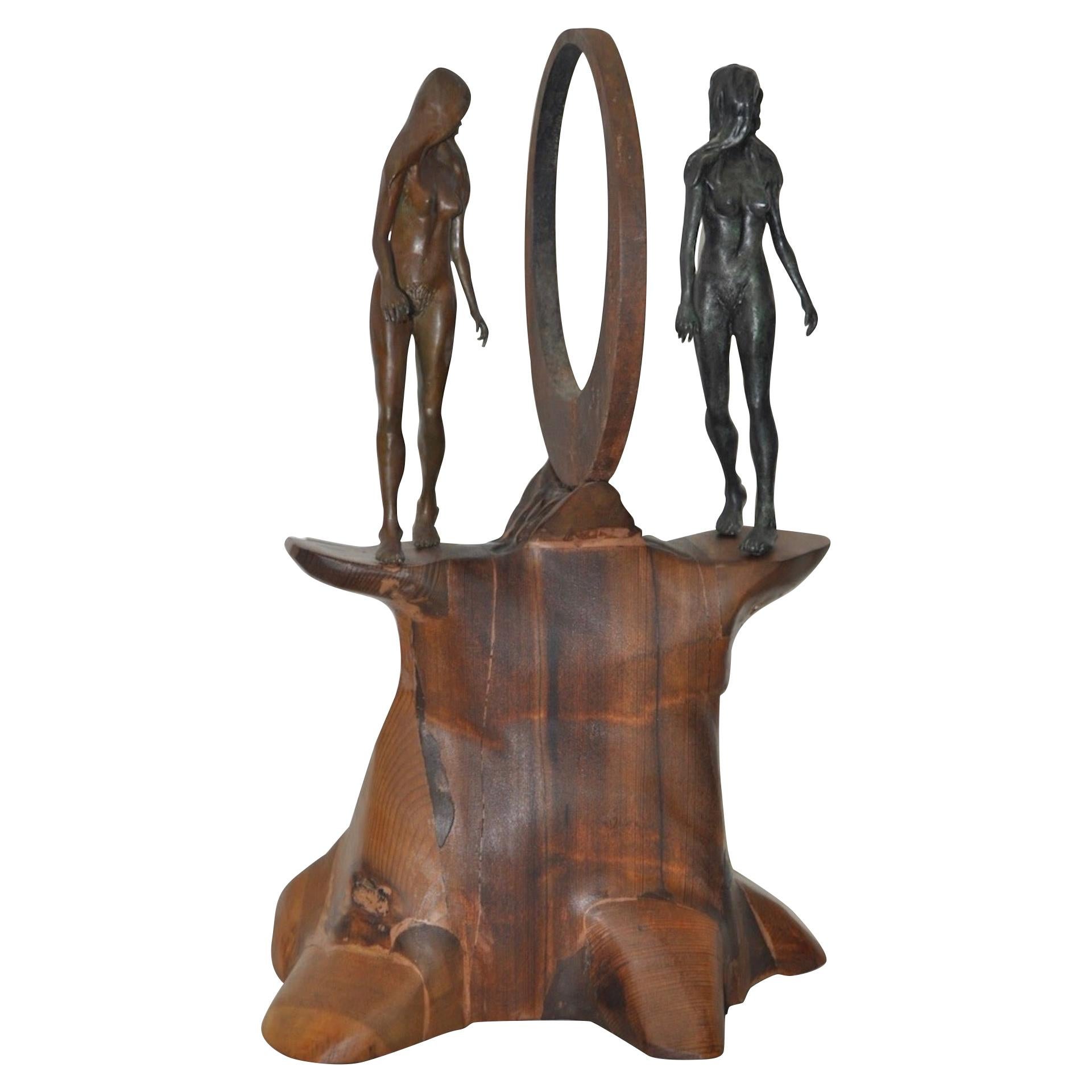 Vintage Figural Nude Bronze, Wrought Iron and Wood Sculpture circa 1960s-1970s