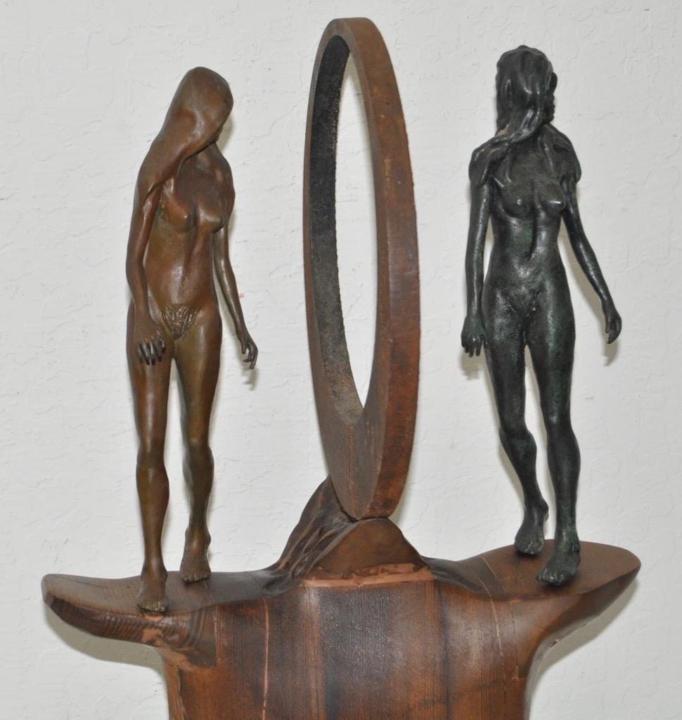 Mid-Century Modern Vintage Figural Nude Bronze, Wrought Iron and Wood Sculpture circa 1960s-1970s For Sale