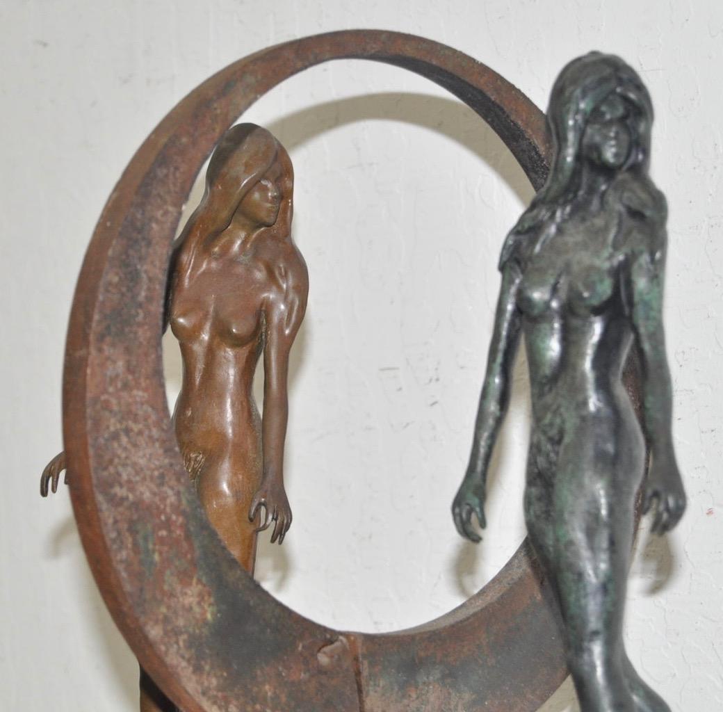 American Vintage Figural Nude Bronze, Wrought Iron and Wood Sculpture circa 1960s-1970s For Sale