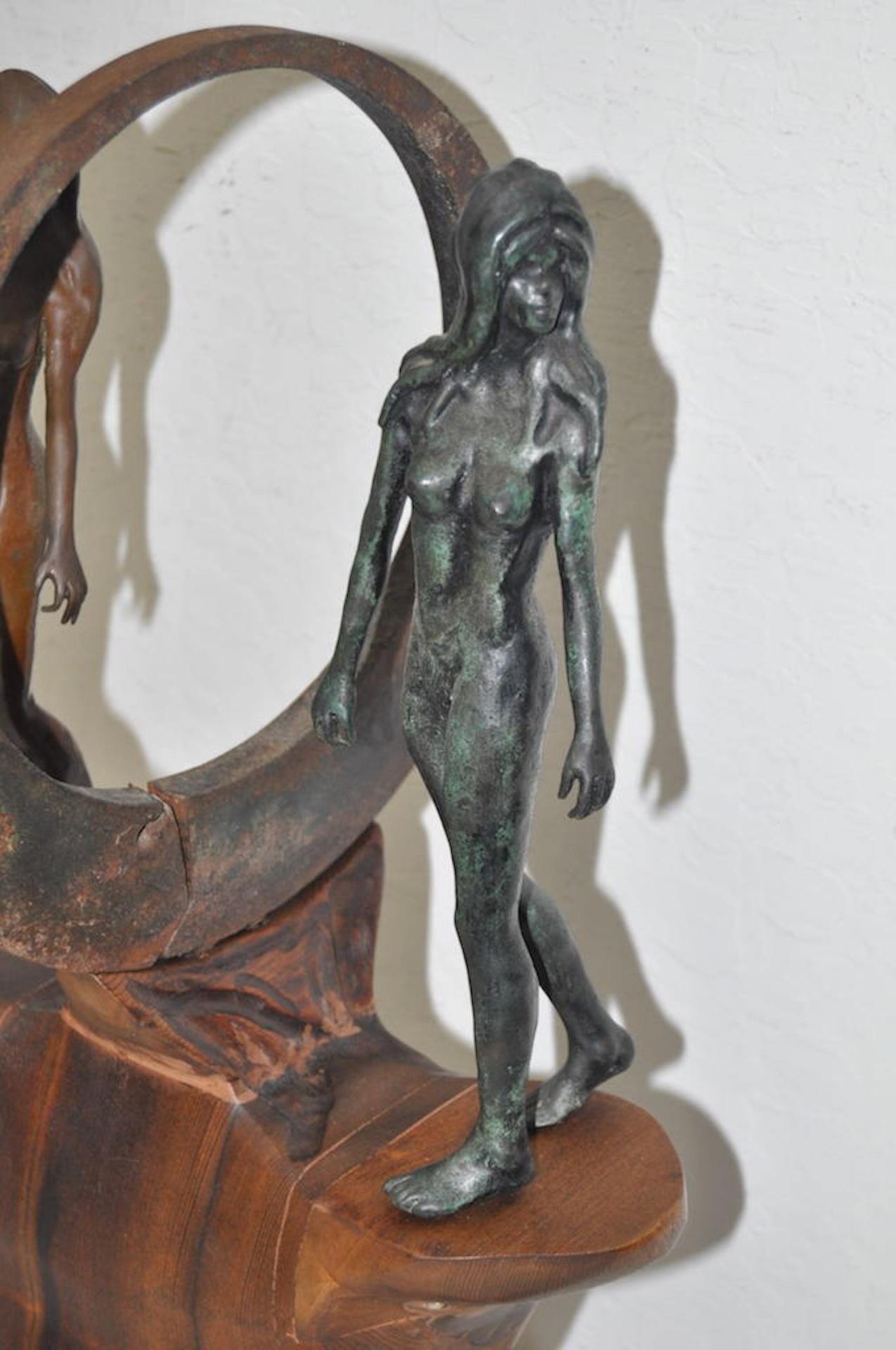 Hand-Carved Vintage Figural Nude Bronze, Wrought Iron and Wood Sculpture circa 1960s-1970s For Sale