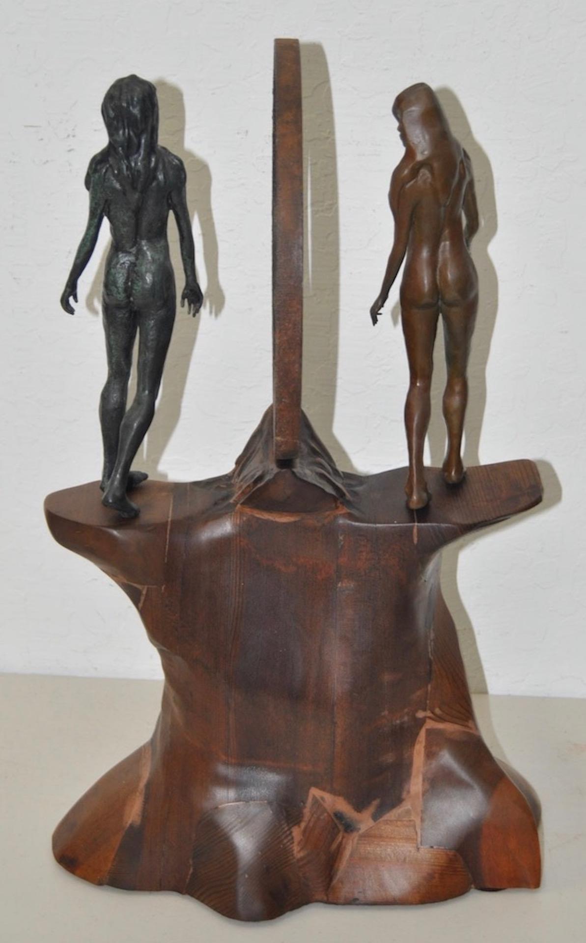 Vintage Figural Nude Bronze, Wrought Iron and Wood Sculpture circa 1960s-1970s In Good Condition For Sale In San Francisco, CA