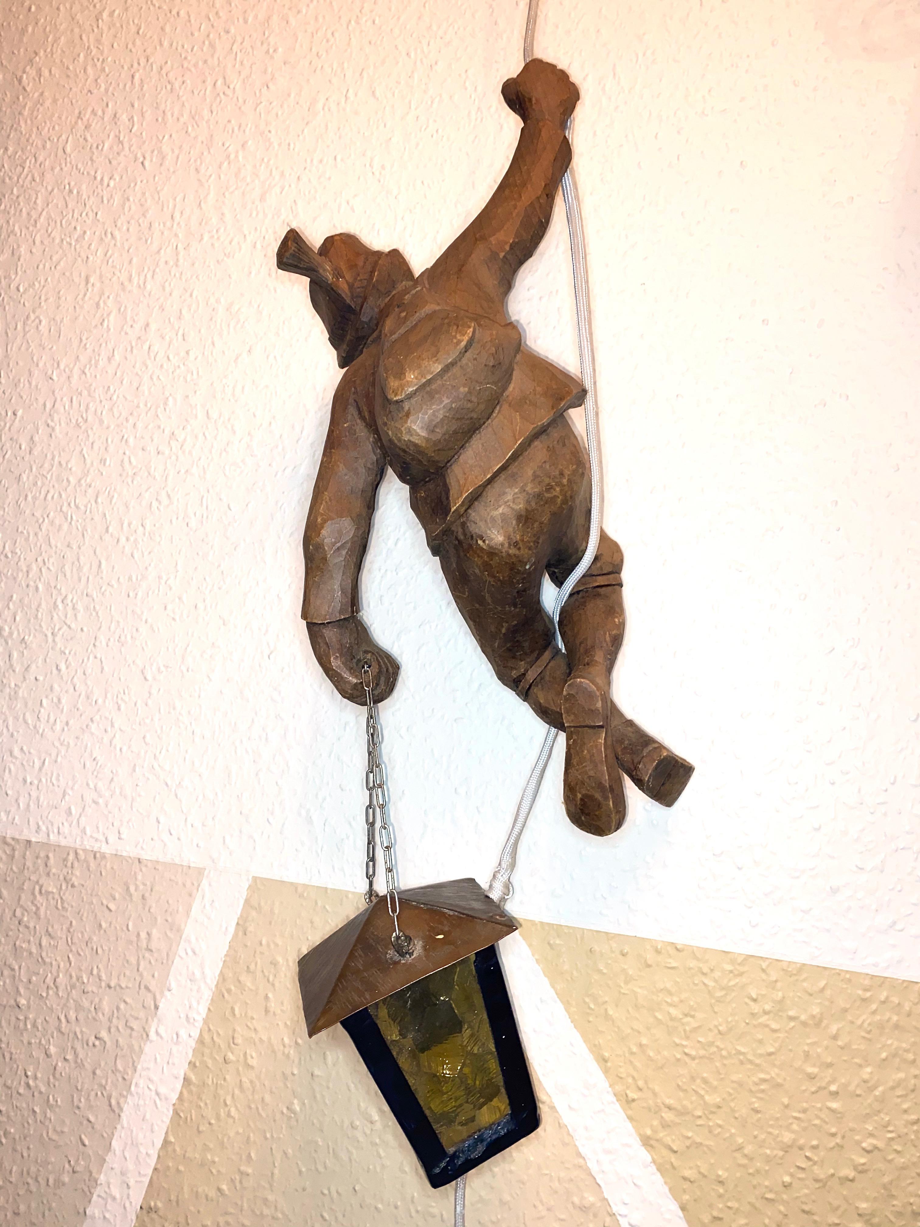 20th Century Vintage figural Pendant Lamp a Mountain Climber & Lantern in Black Forest Style For Sale