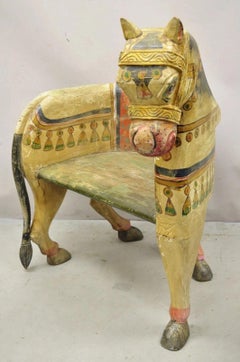 Vintage Figural Primitive Solid Carved Wood Red & Green Horse Bench Seat Chair
