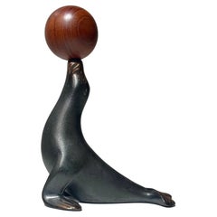 Tire-bouchon vintage Figural Sea Lion en cuivre et teck par Zero Denmark, 1950s