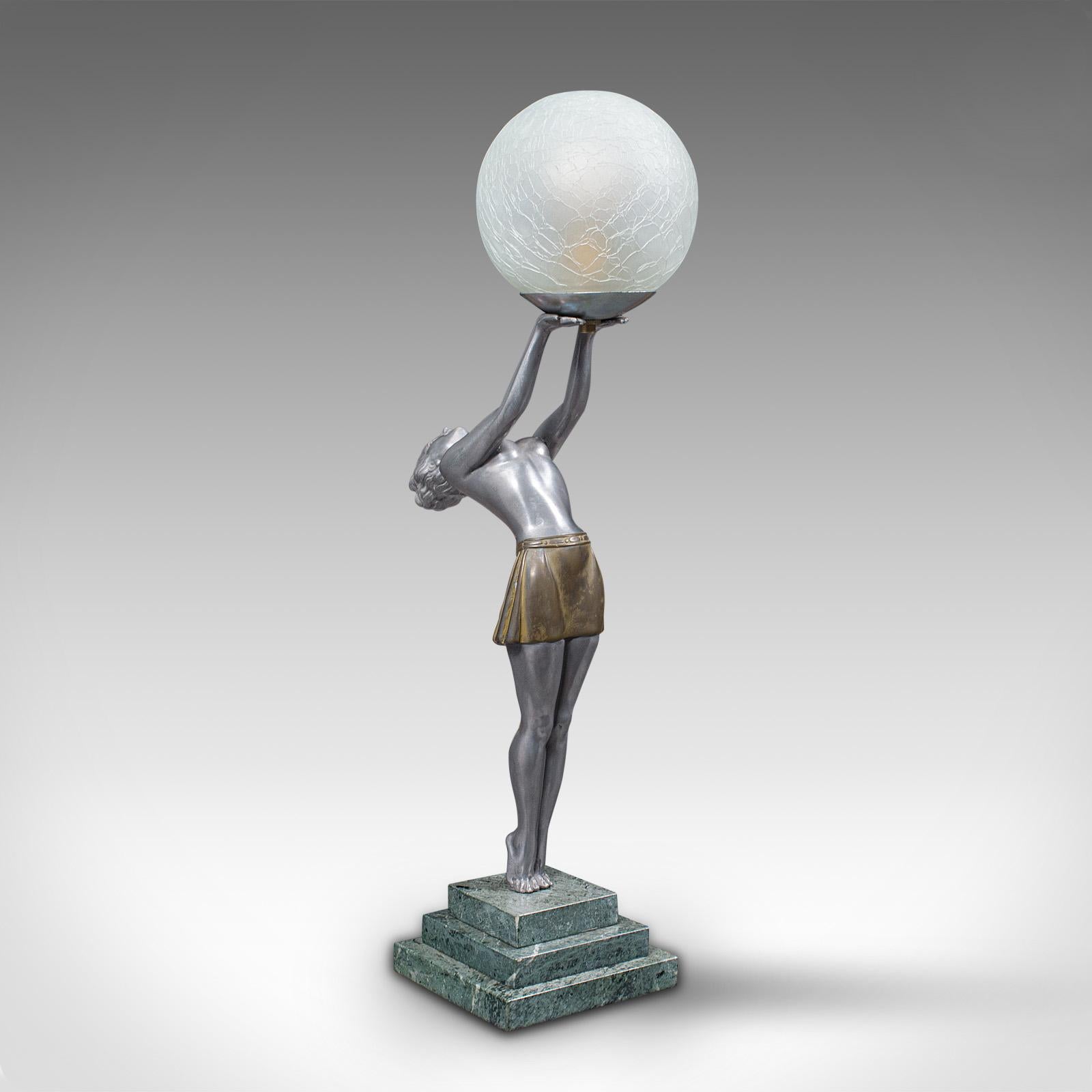 This is a vintage figural table lamp. A French, bronze spelter desk light in Art Deco taste by Balleste, dating to the early 20th century, circa 1930.

Striking Art Deco lamp in the manner of Max Le Verrier
Displays a desirable aged patina and in