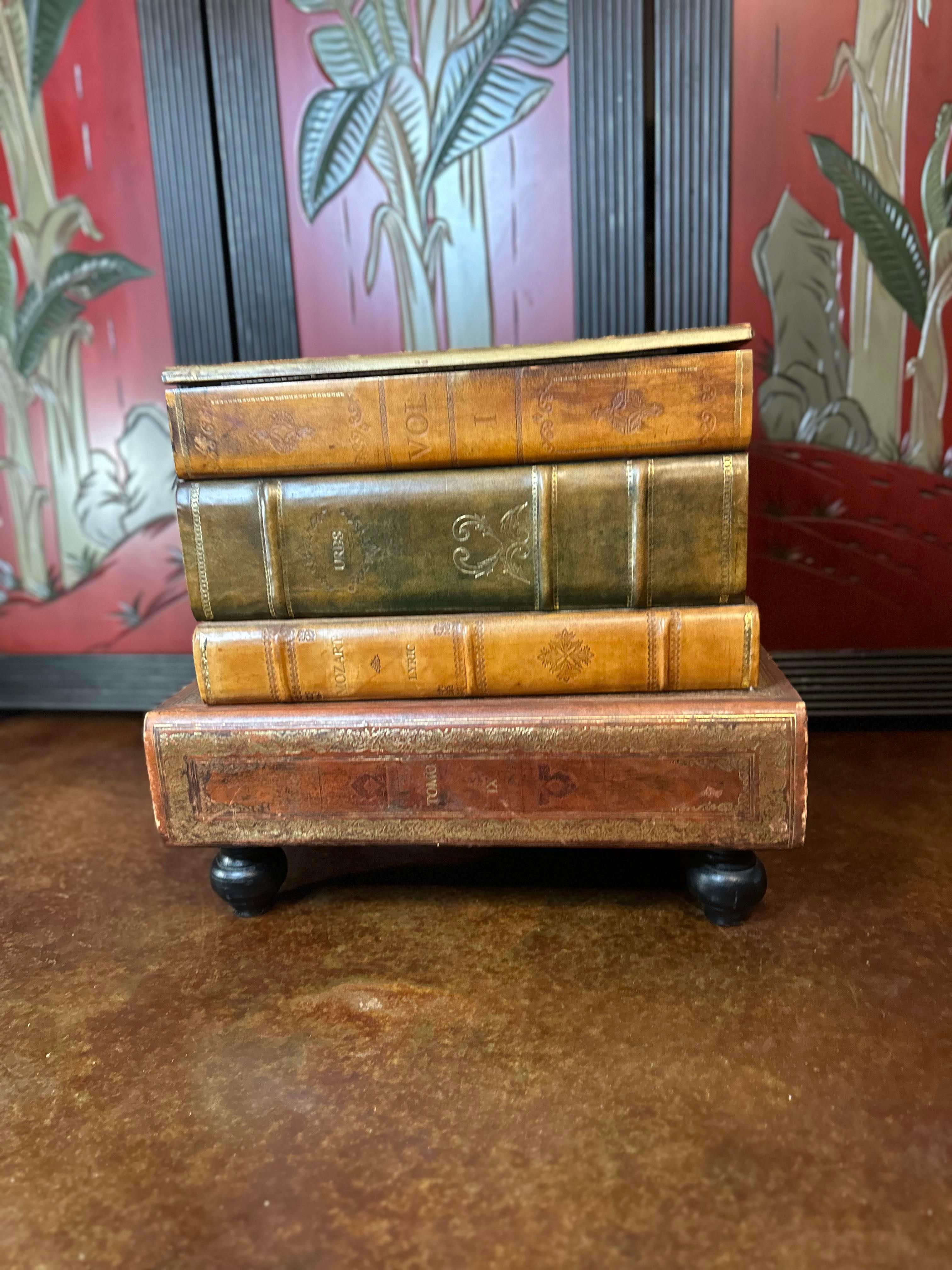 Steampunk Vintage Figurative Italian Leather Stacked Books Storage Table  For Sale