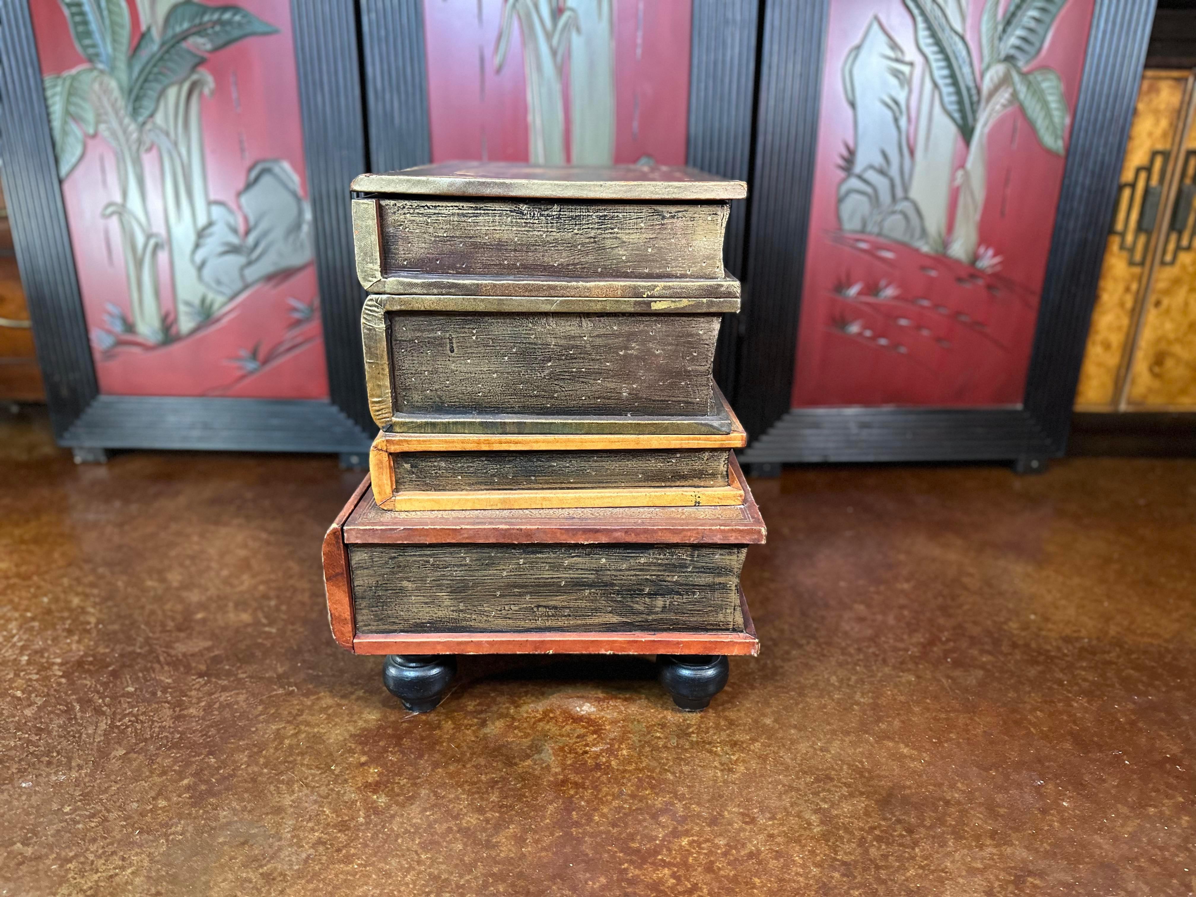 Vintage Figurative Italian Leather Stacked Books Storage Table  In Fair Condition For Sale In Waxahachie, TX