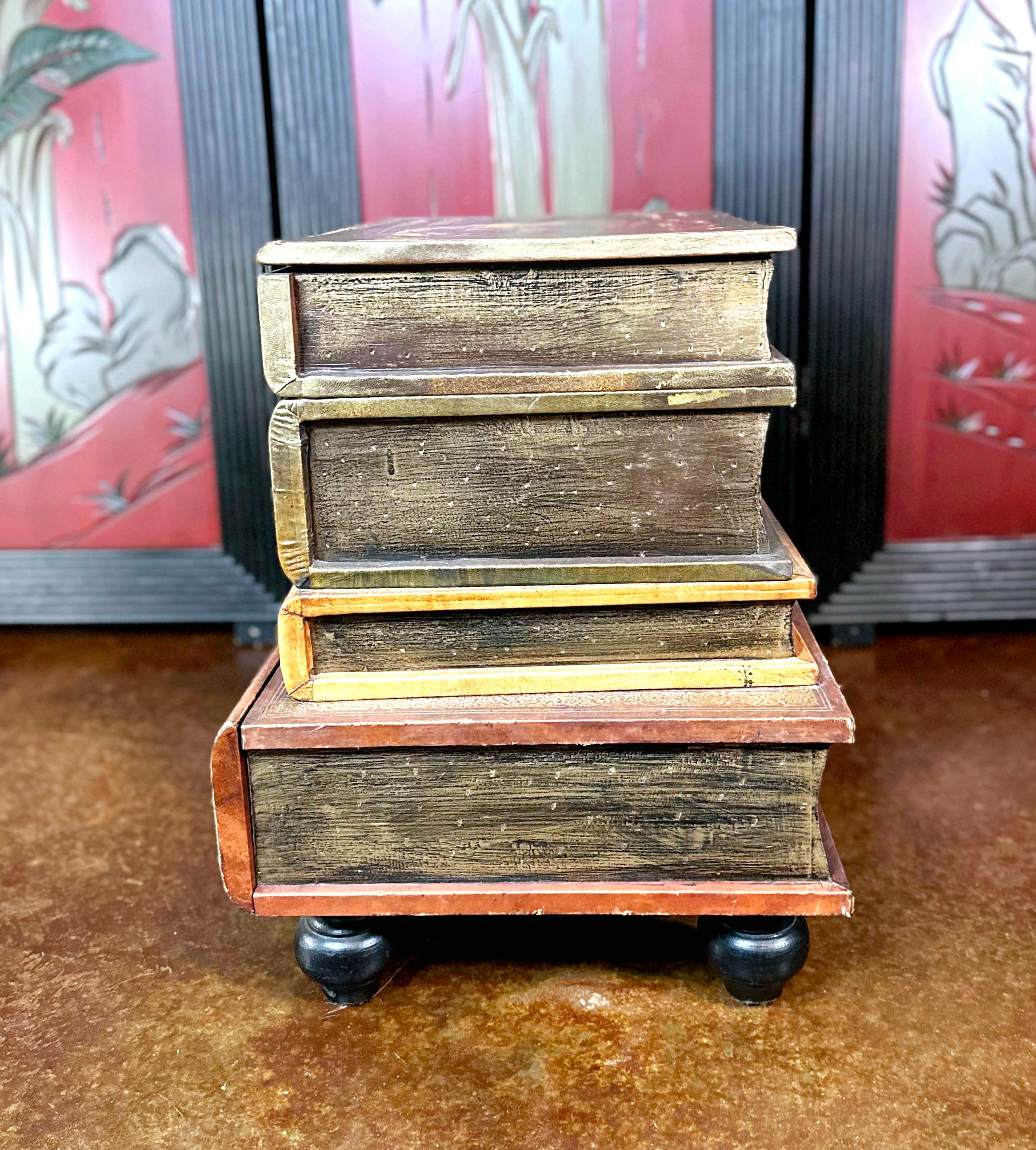20th Century Vintage Figurative Italian Leather Stacked Books Storage Table  For Sale