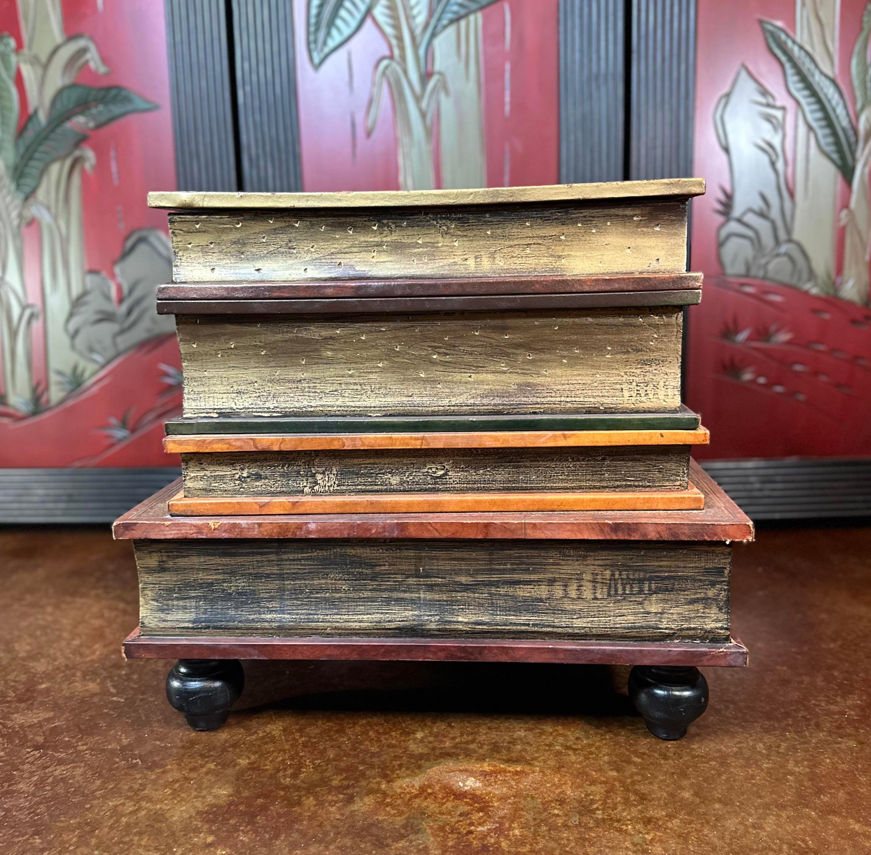 Vintage Figurative Italian Leather Stacked Books Storage Table  For Sale 3