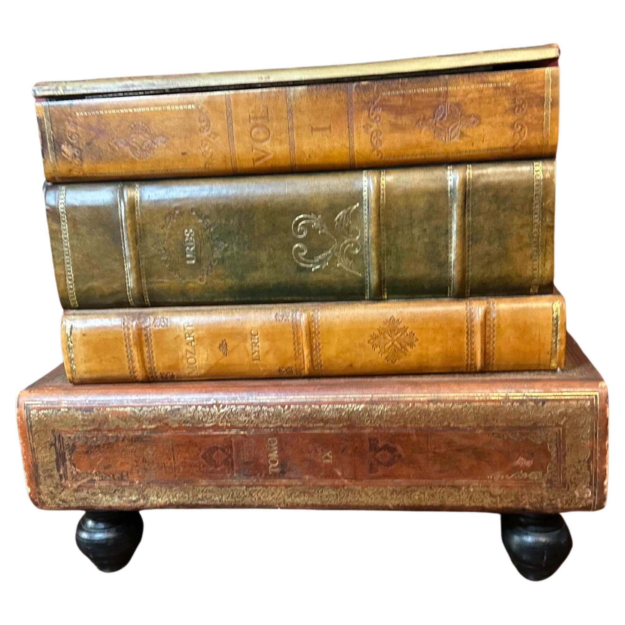 Vintage Figurative Italian Leather Stacked Books Storage Table  For Sale