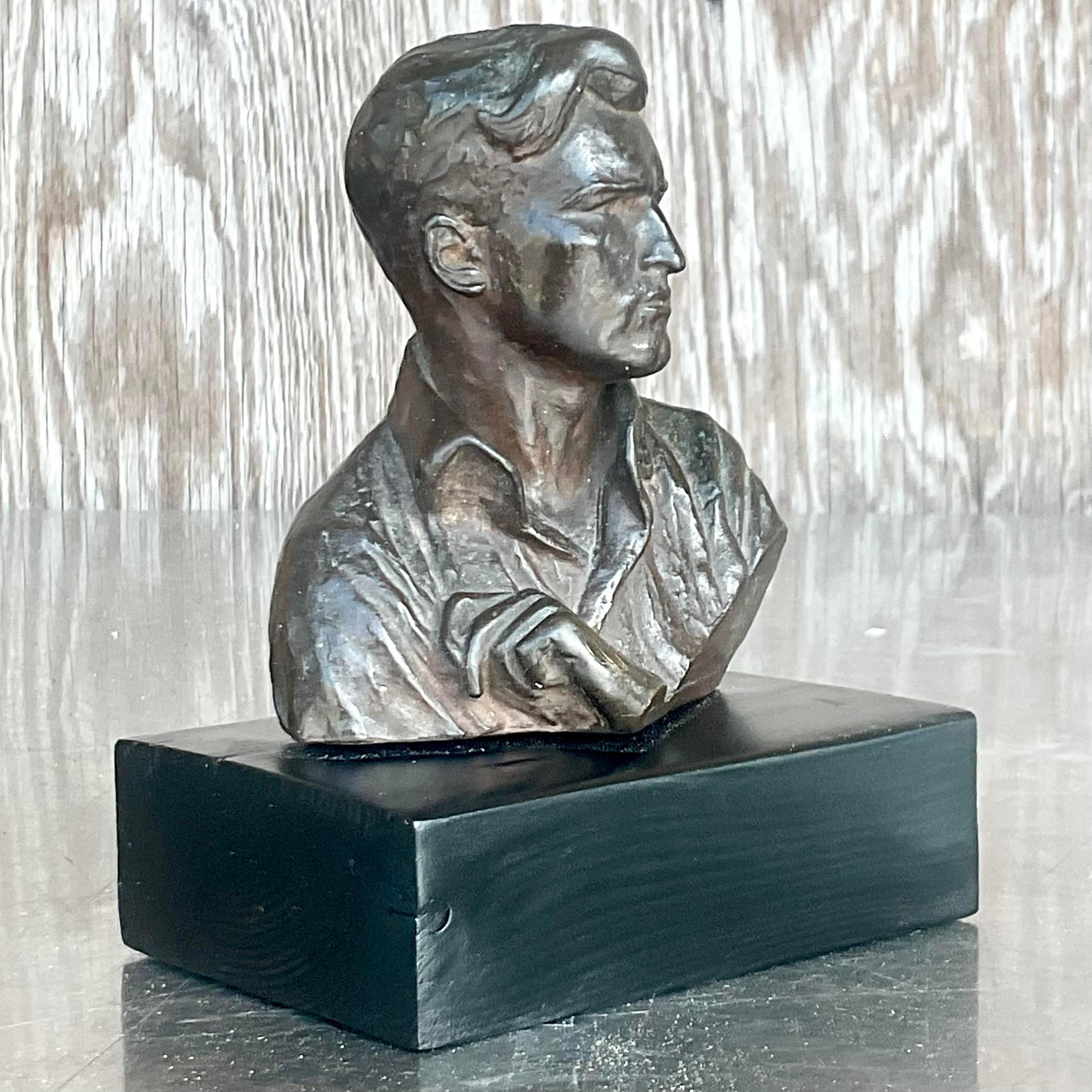Bohemian Vintage Figurative Patinated Signed Plaster Bust of Man Sculpture For Sale
