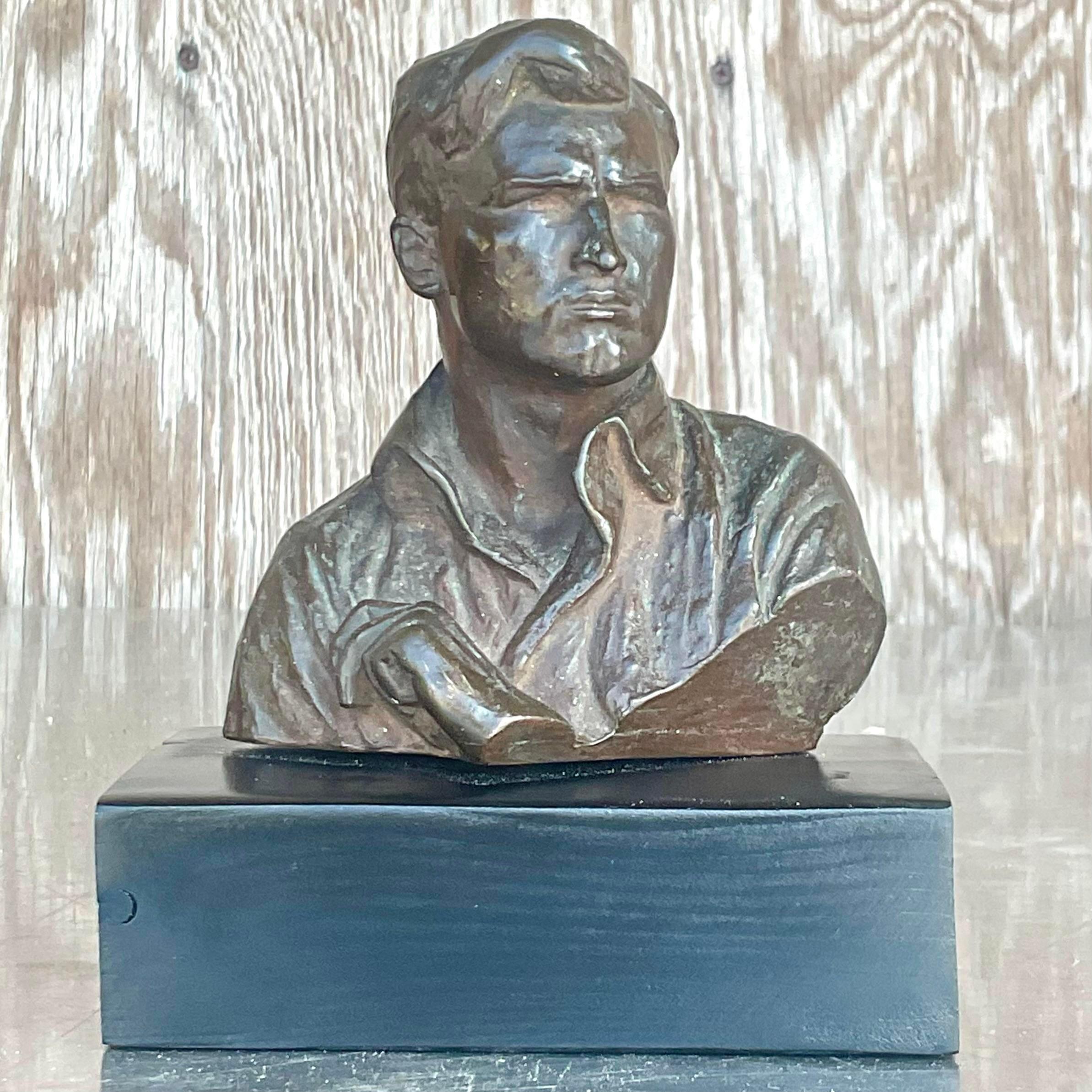 Bronze Vintage Figurative Patinated Signed Plaster Bust of Man Sculpture For Sale