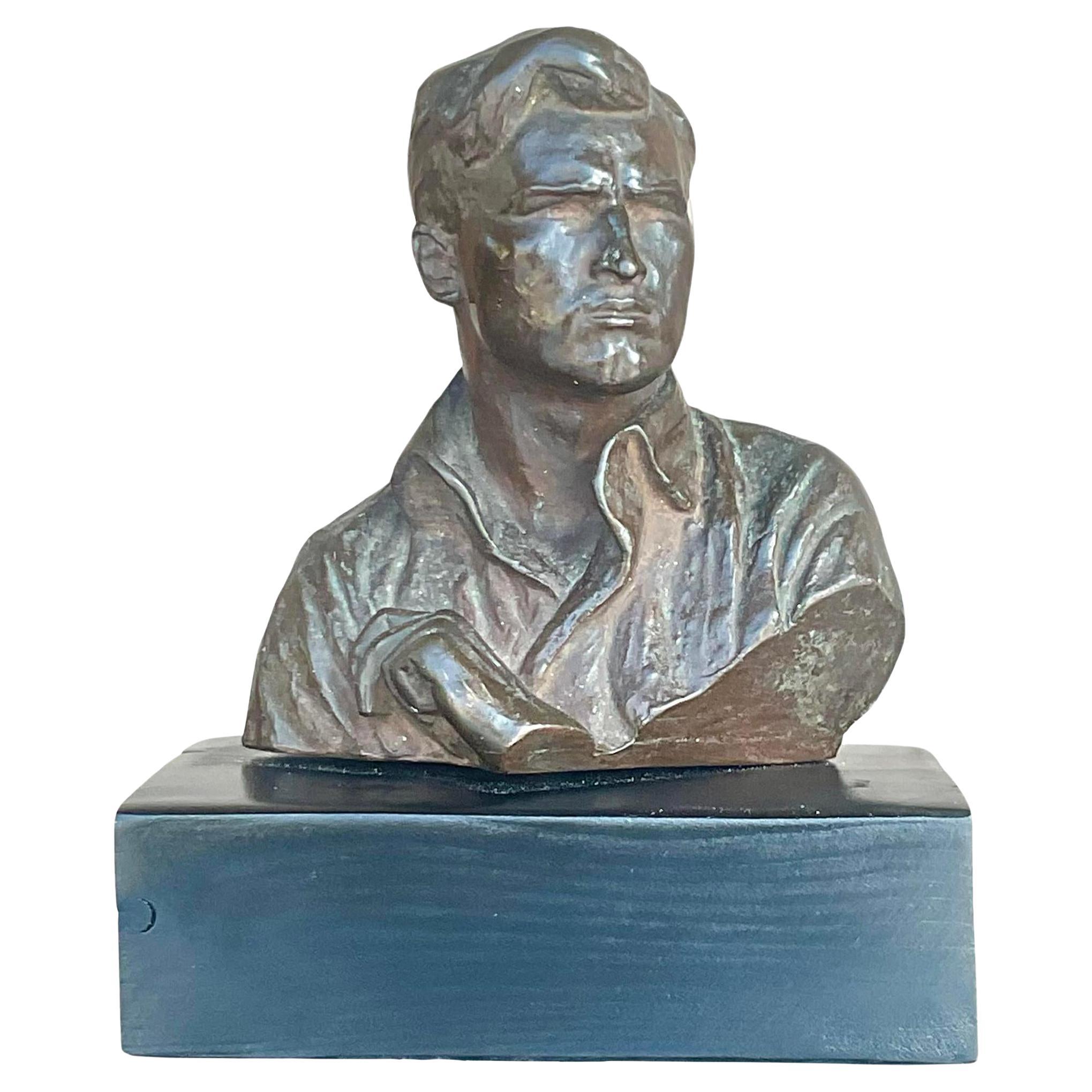 Vintage Figurative Patinated Signed Plaster Bust of Man Sculpture
