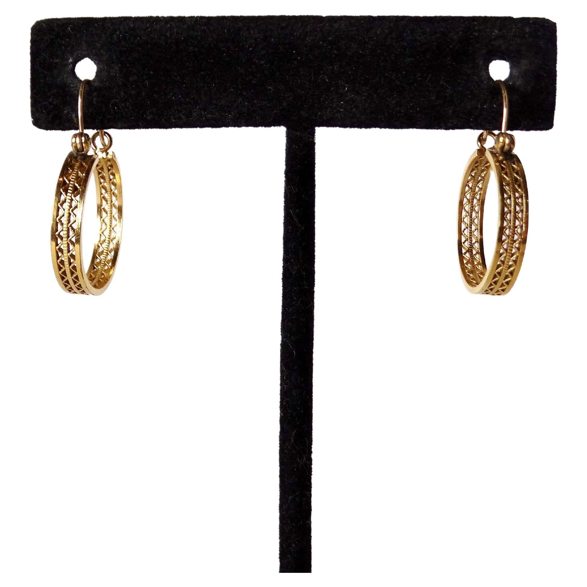 Vintage Filigree 12k Yellow Gold Filled Hoop Earrings For Sale 1