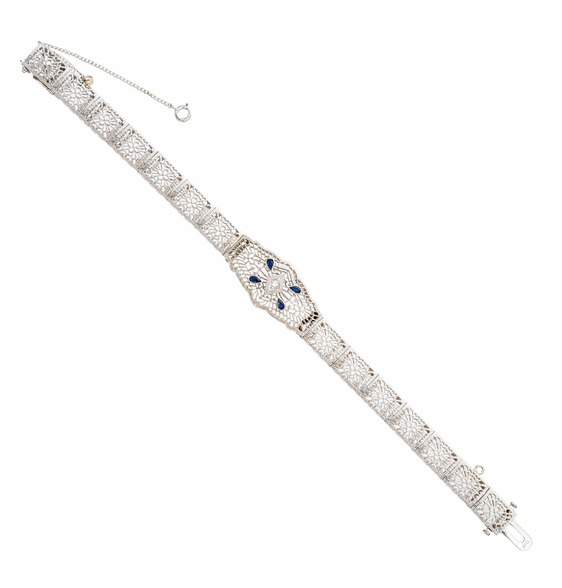 Vintage Filigran 14k Weißgold .18ct Saphir .03ct Diamant-Armband (Tropfenschliff) im Angebot