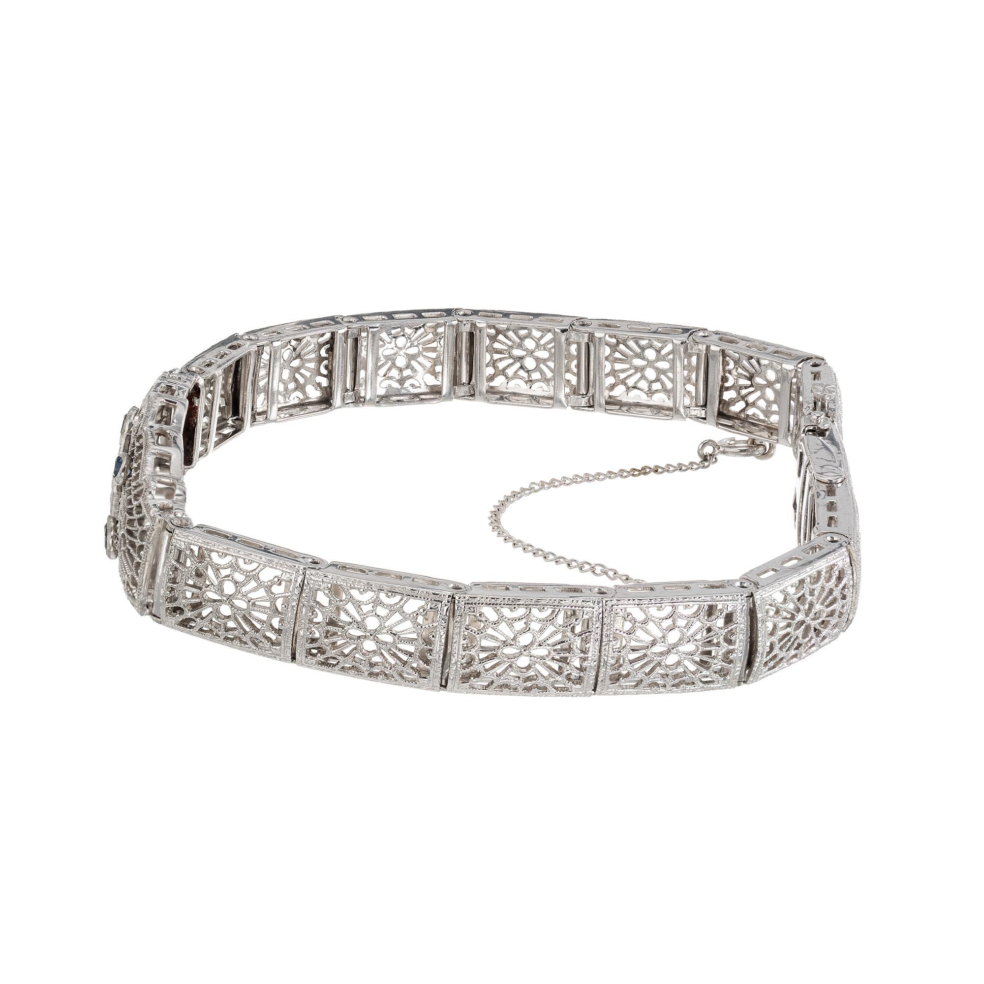 Vintage Filigran 14k Weißgold .18ct Saphir .03ct Diamant-Armband im Angebot 1