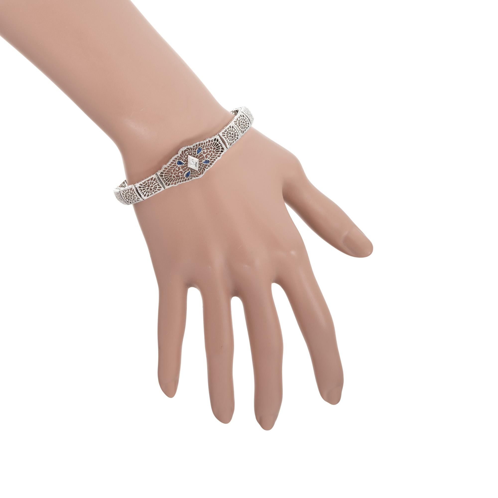 Vintage Filigran 14k Weißgold .18ct Saphir .03ct Diamant-Armband im Angebot 3