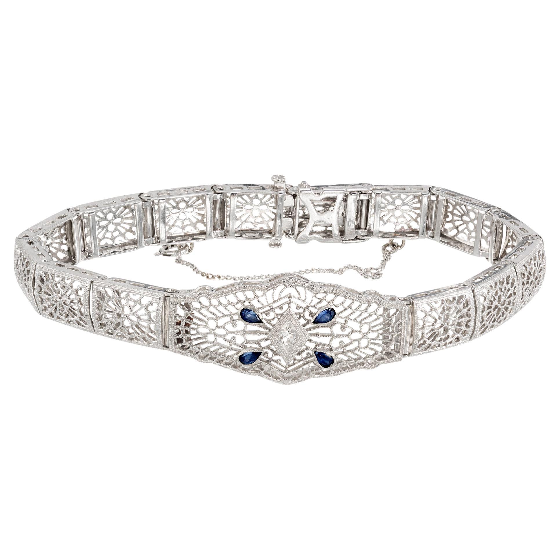 Vintage Filigran 14k Weißgold .18ct Saphir .03ct Diamant-Armband im Angebot