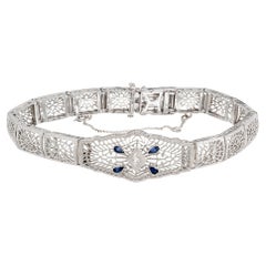 Antique Filigree 14k White Gold .18ct Sapphire .03ct Diamond Bracelet