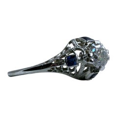 Vintage Filigree 18 Karat White Gold Diamond and Sapphire Engagement Ring