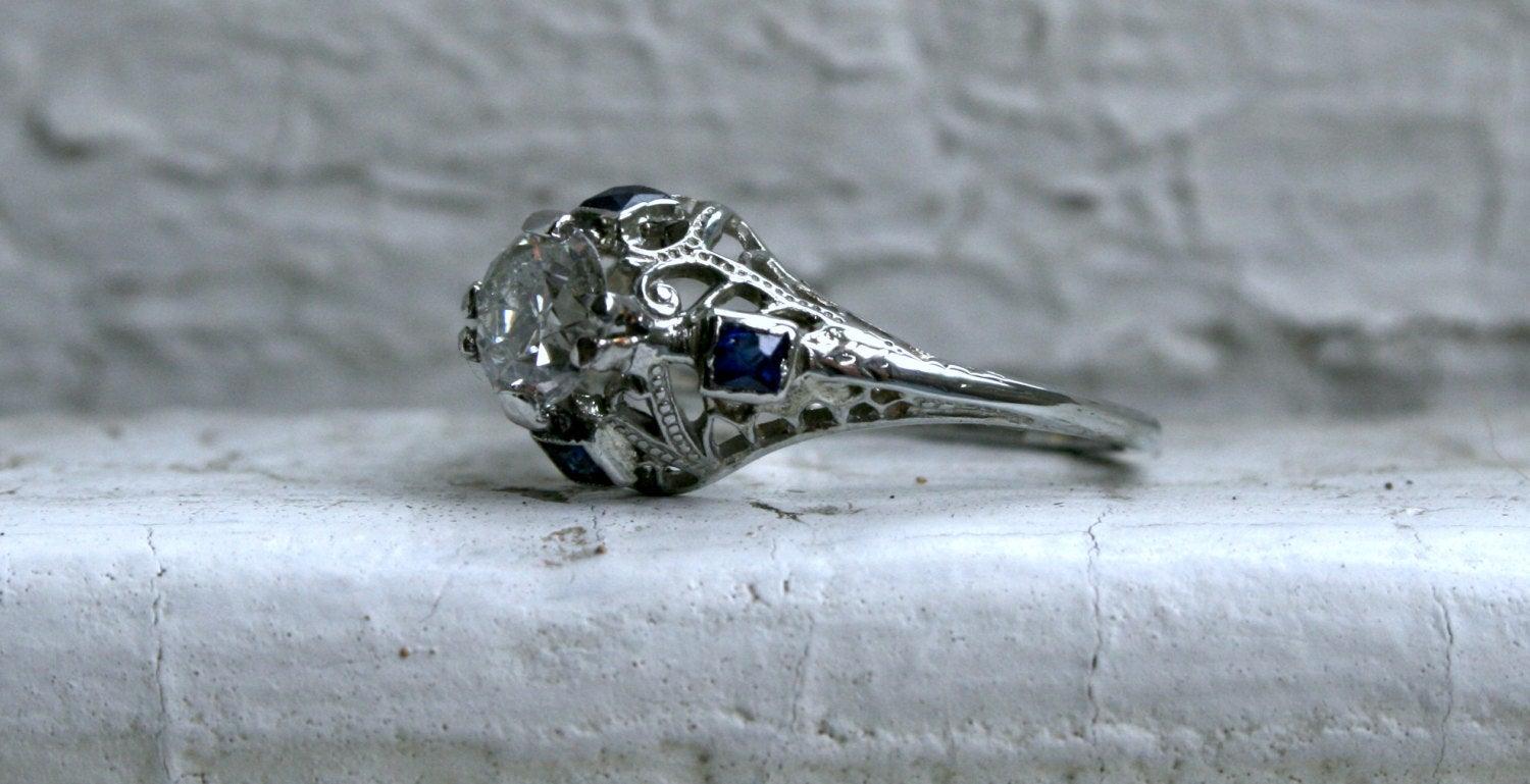 Whoa there gorgeous! This Amazing Vintage Filigree Diamond and Sapphire Engagement Ring has the 