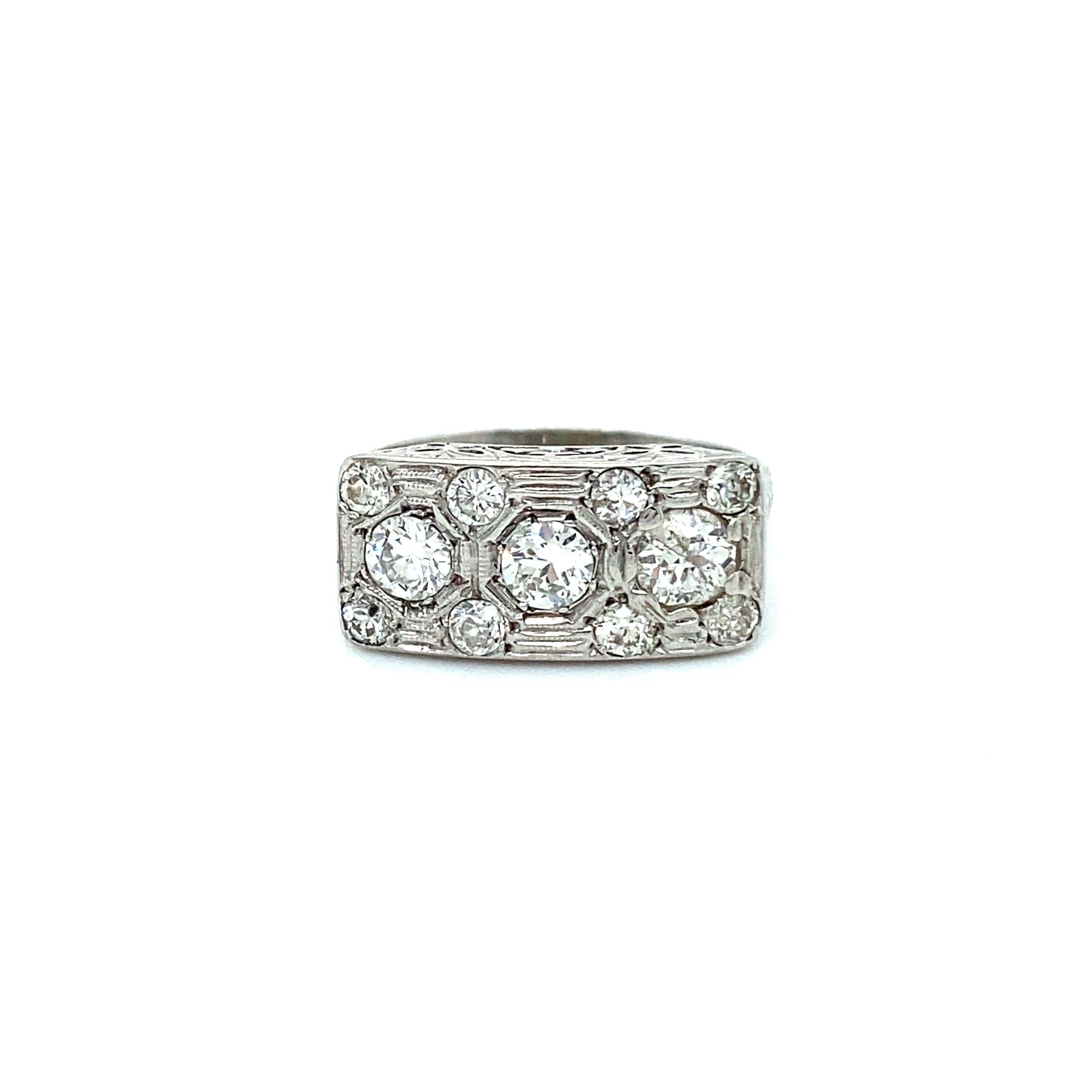 Art Deco Vintage Filigree 18K White Gold Diamond Cluster Ring Engagement Ring, 1.60ct.