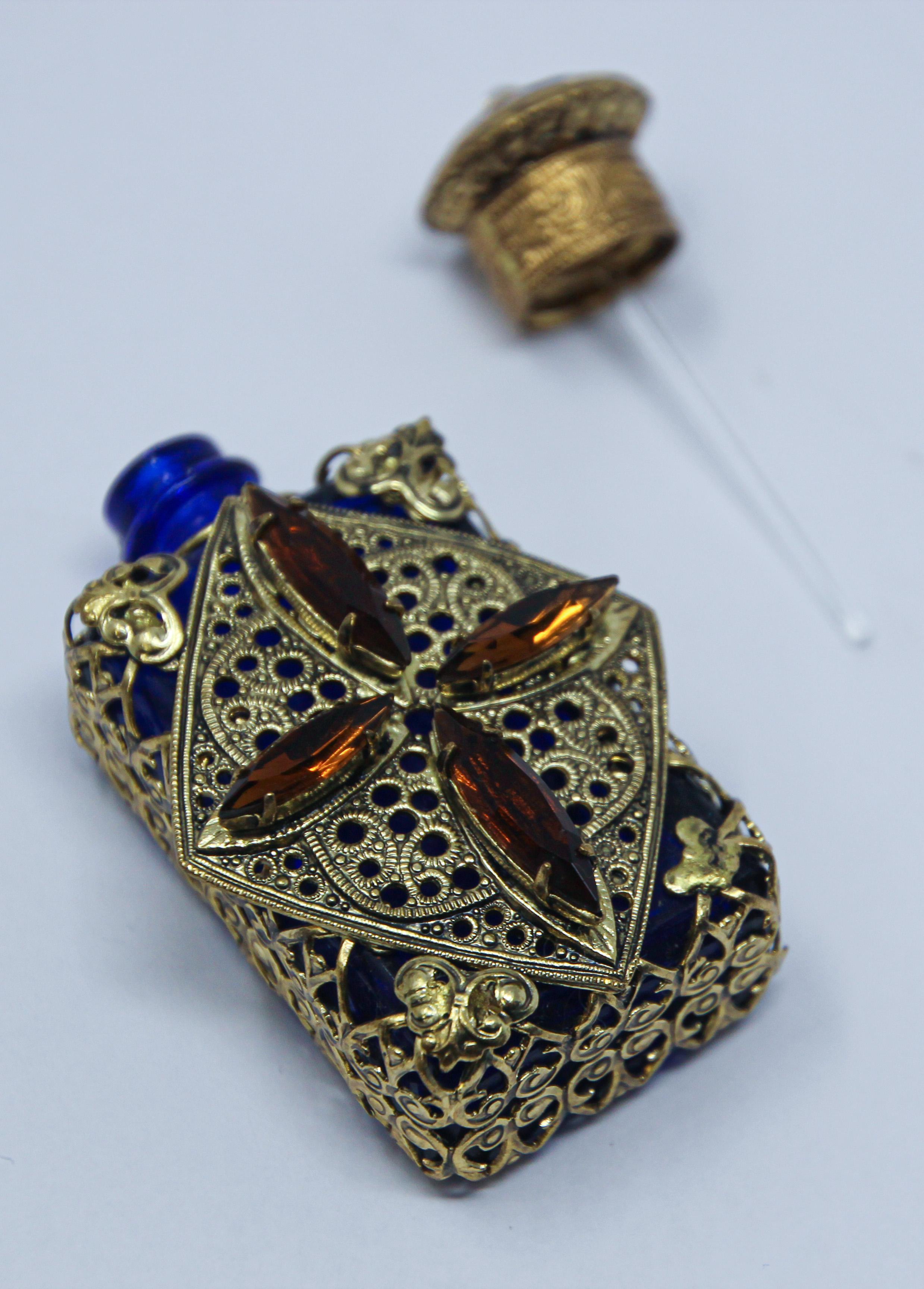 Gold Plate Vintage Filigree Blue Ormolu Collectible Glass Perfume Bottle