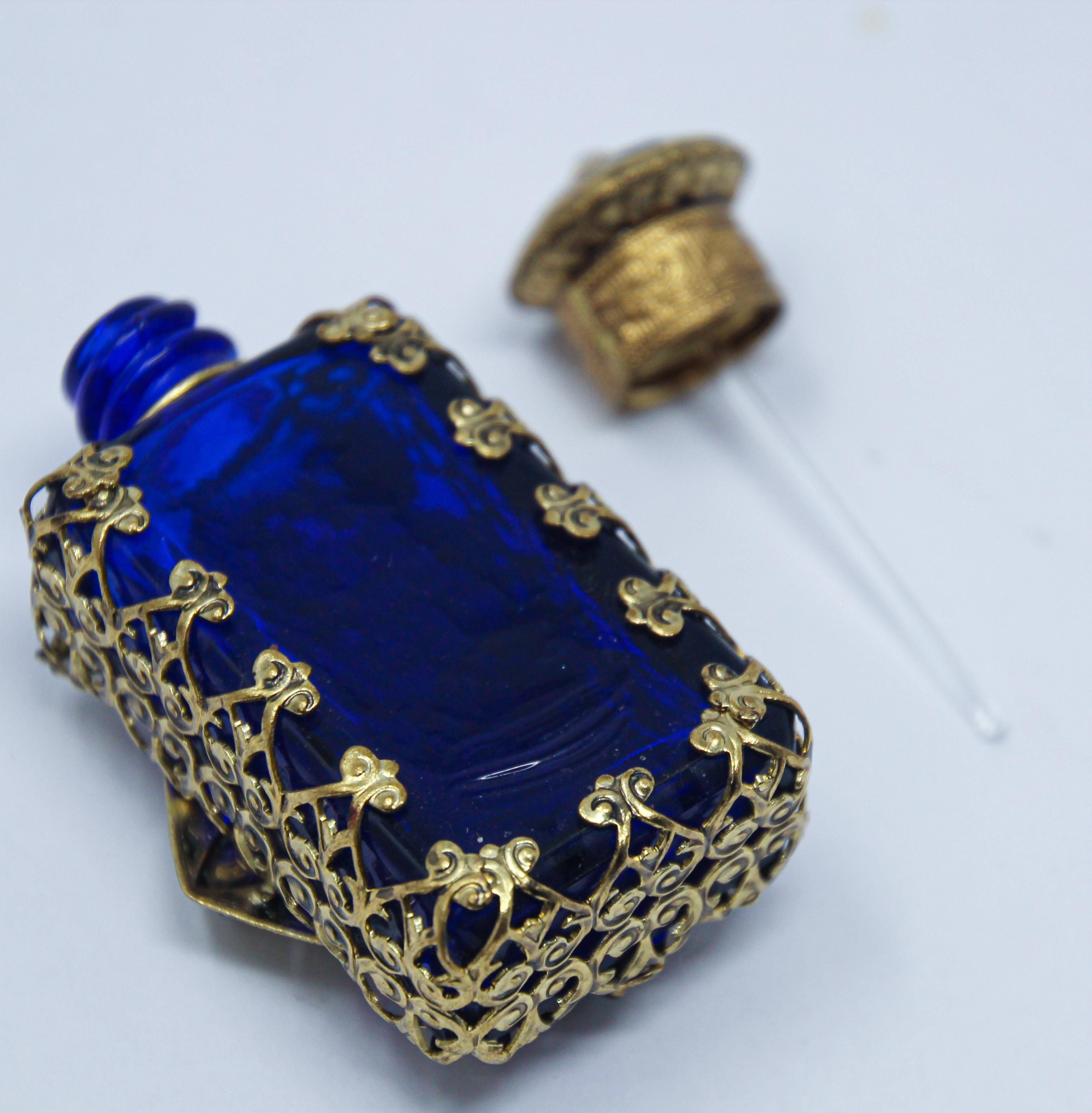 Vintage Filigree Blue Ormolu Collectible Glass Perfume Bottle 3