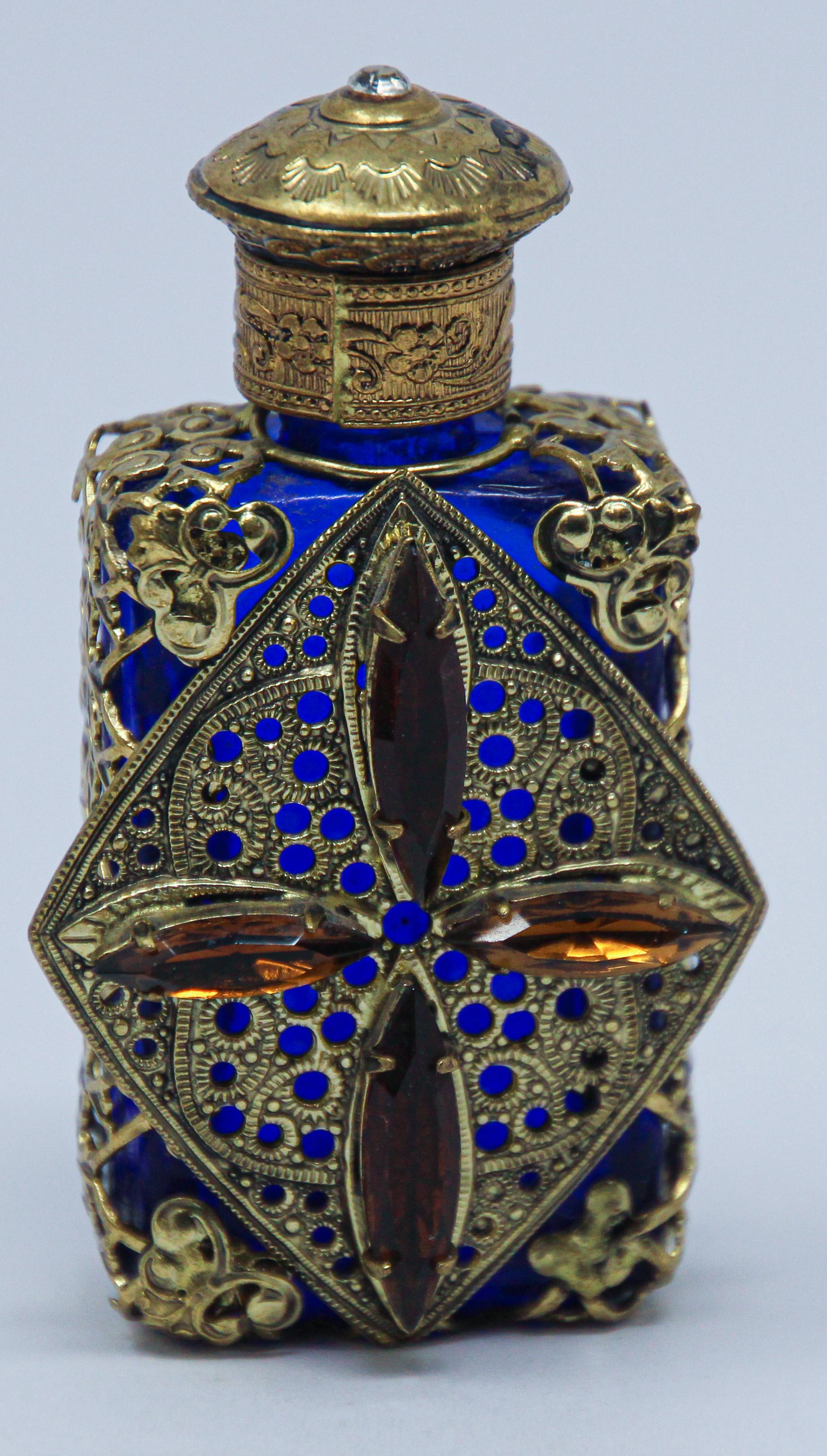Vintage Filigree Blue Ormolu Collectible Glass Perfume Bottle 11