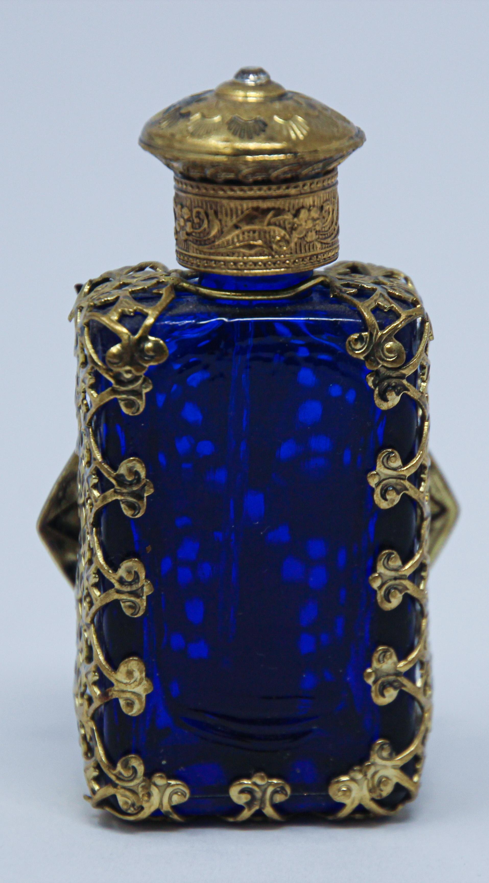 Art déco Vintage Filigree Blue Ormolu Collectible Glass Perfume Bottle