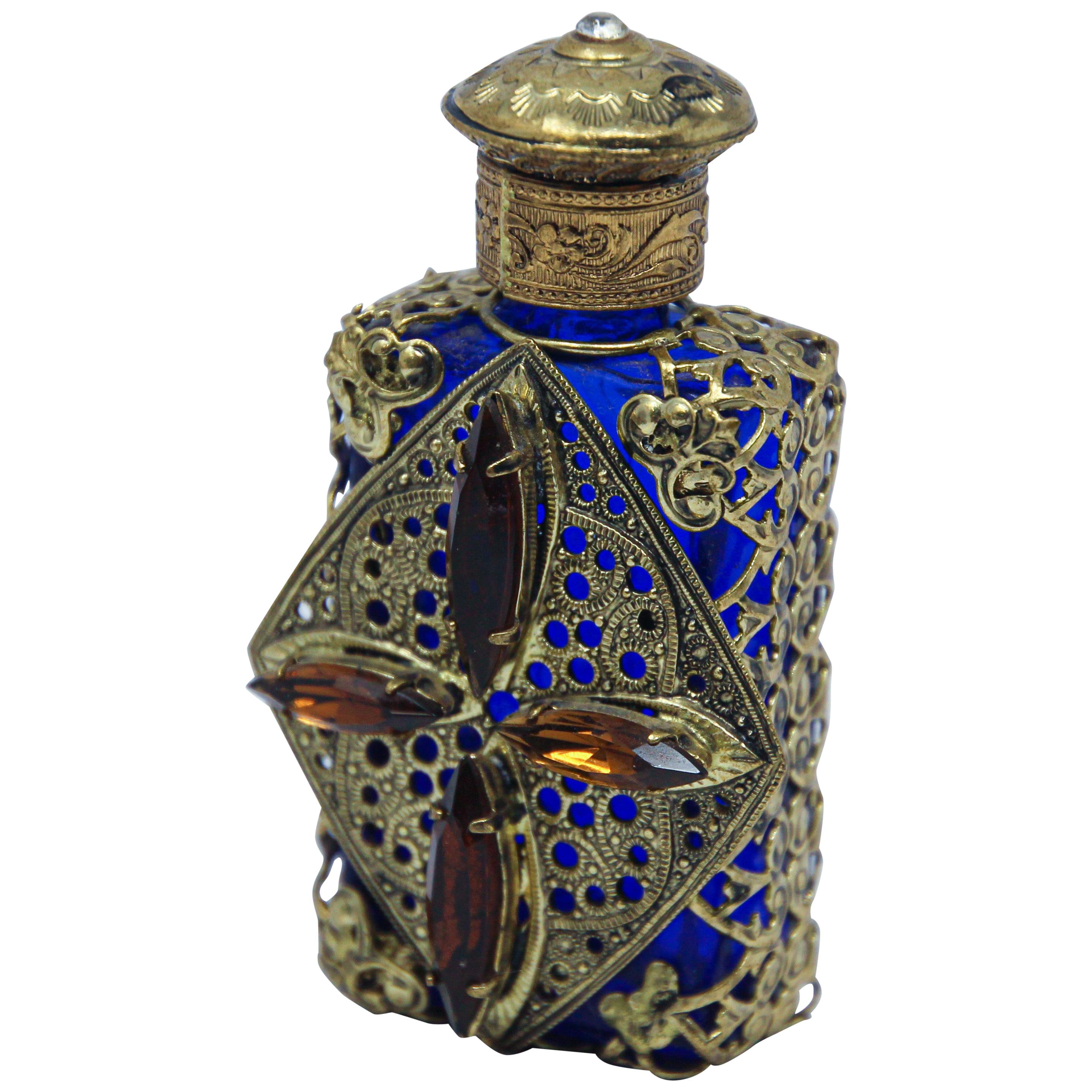 Vintage Filigree Blue Ormolu Collectible Glass Perfume Bottle