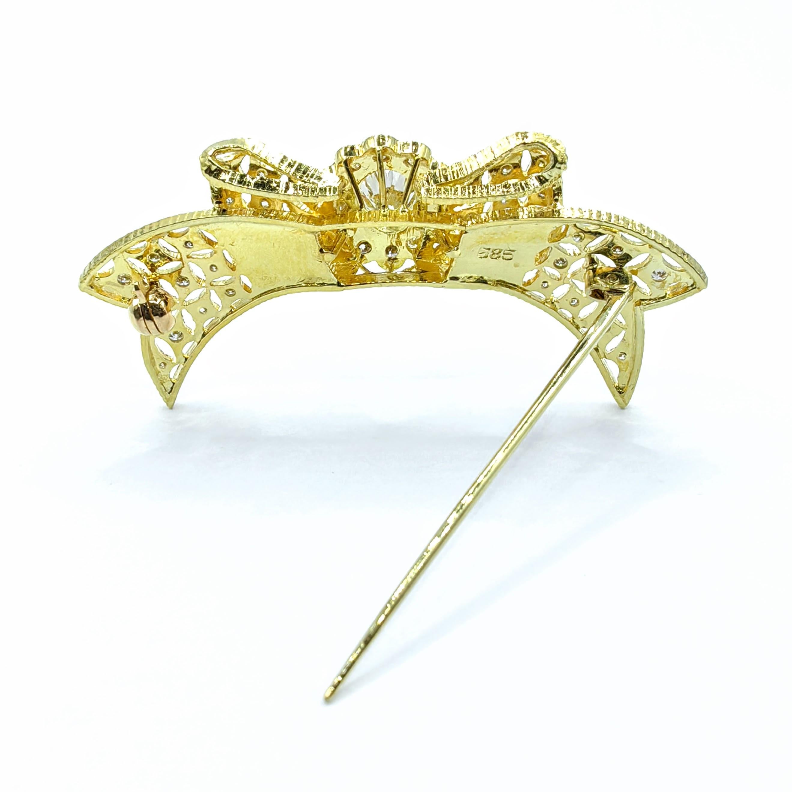 Broche vintage de filigrana con lazo de diamantes talla oval de 1,43 quilates en oro amarillo de 14 quilates en venta 4